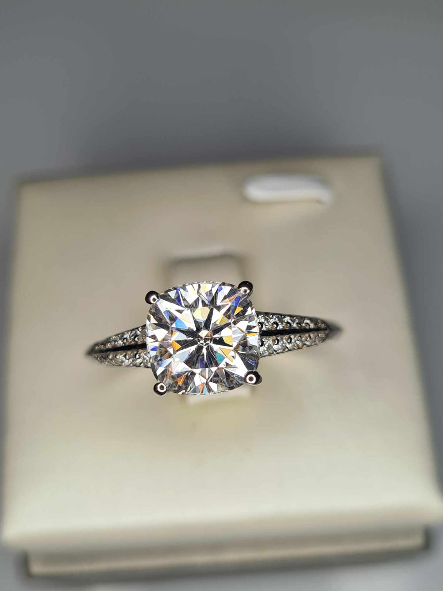 2.35 Ct Cushion Cut Moissanite Ring in Platinum Overlay 925 Sterling Silver SIZE R