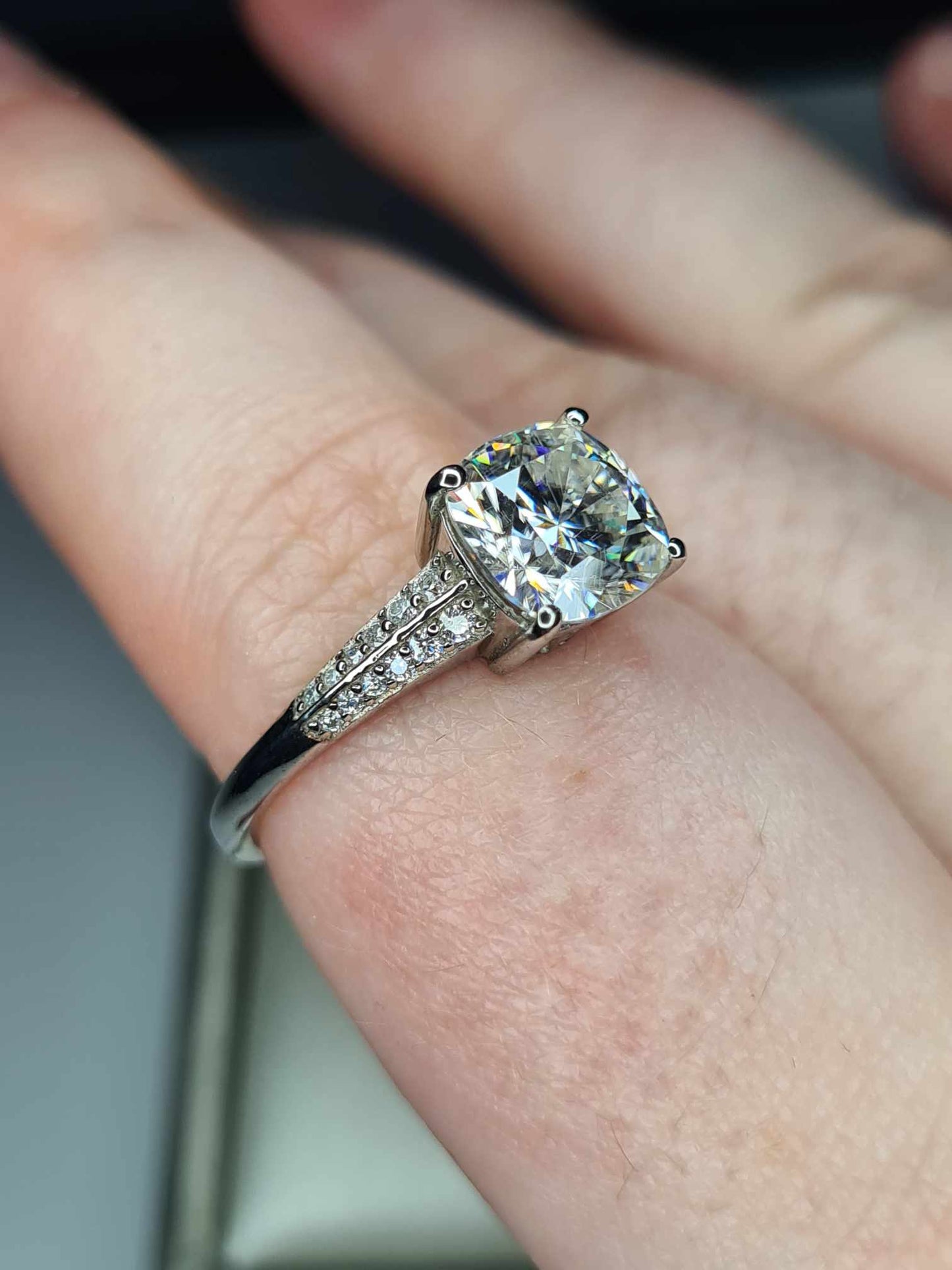 2.35 Ct Cushion Cut Moissanite Ring in Platinum Overlay 925 Sterling Silver SIZE R