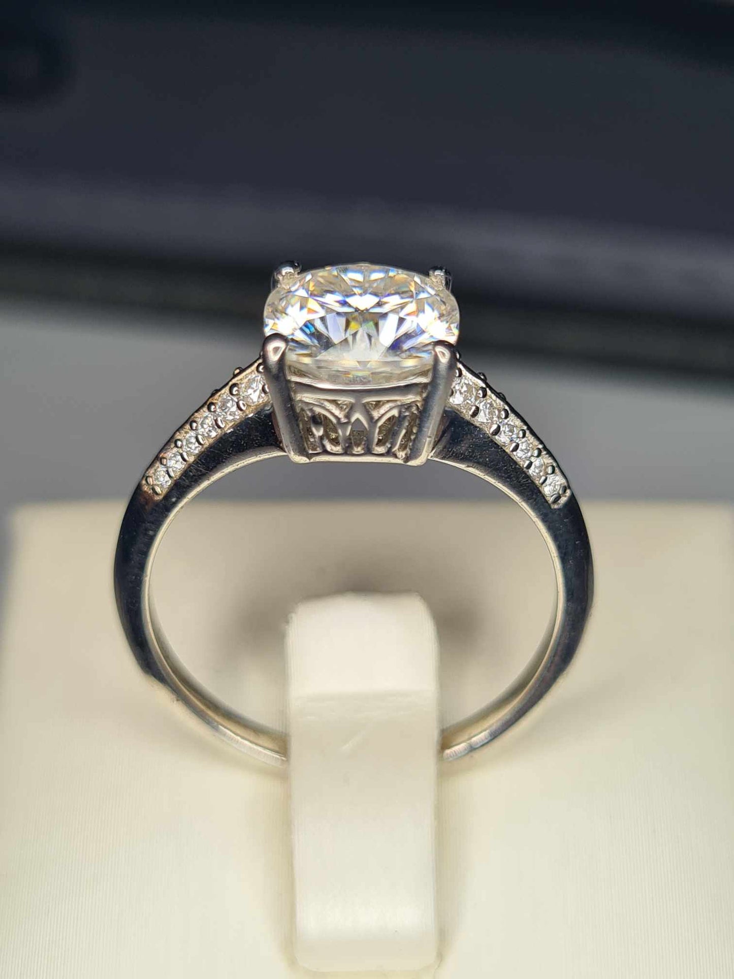 2.35 Ct Cushion Cut Moissanite Ring in Platinum Overlay 925 Sterling Silver SIZE R