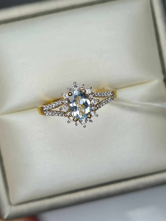 1.10ct Santo Aquamarine & Natural Zircon Ring in 18K Gold Overlay 925 Sterling Silver SIZE R
