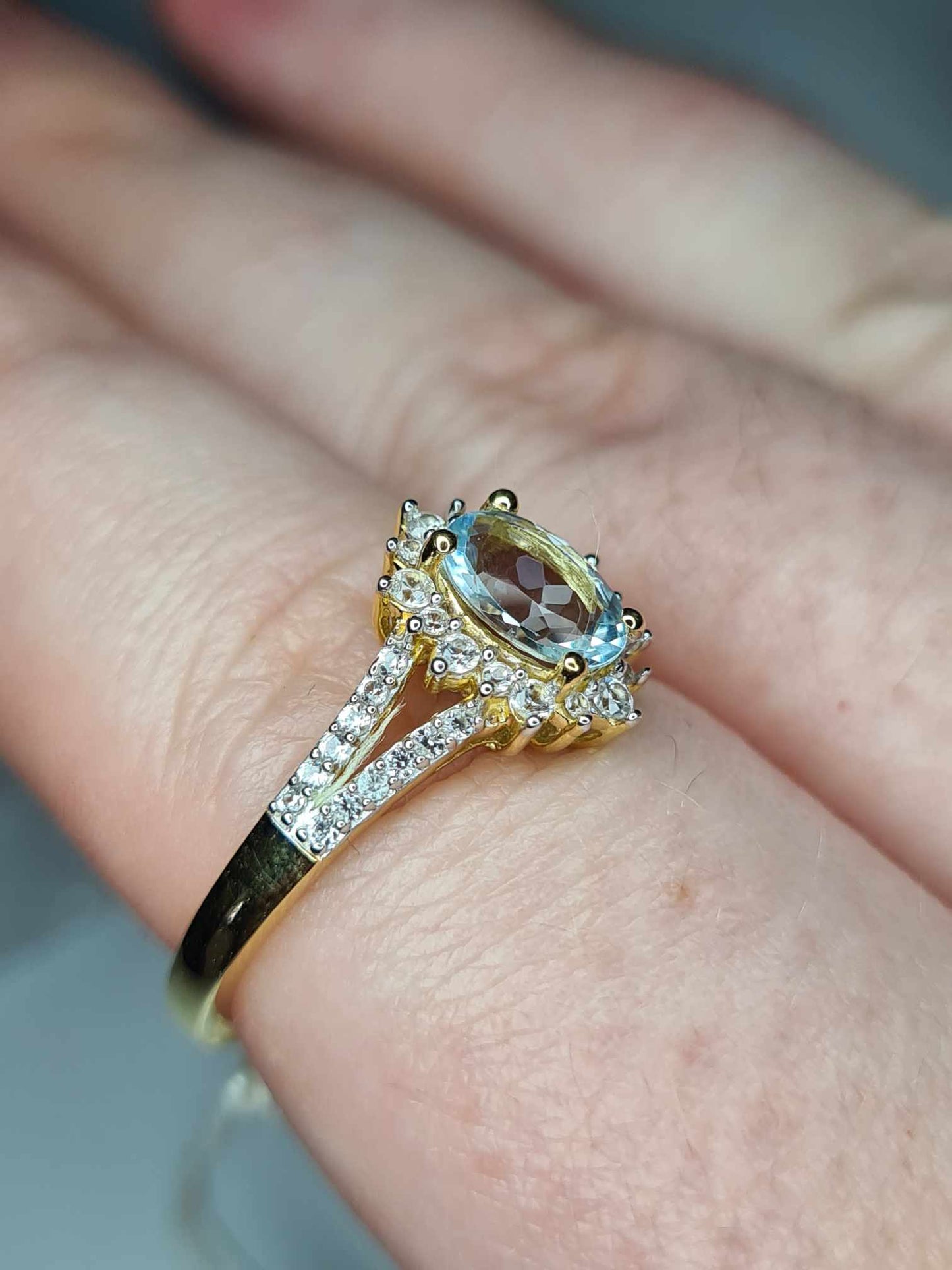1.10ct Santo Aquamarine & Natural Zircon Ring in 18K Gold Overlay 925 Sterling Silver SIZE R