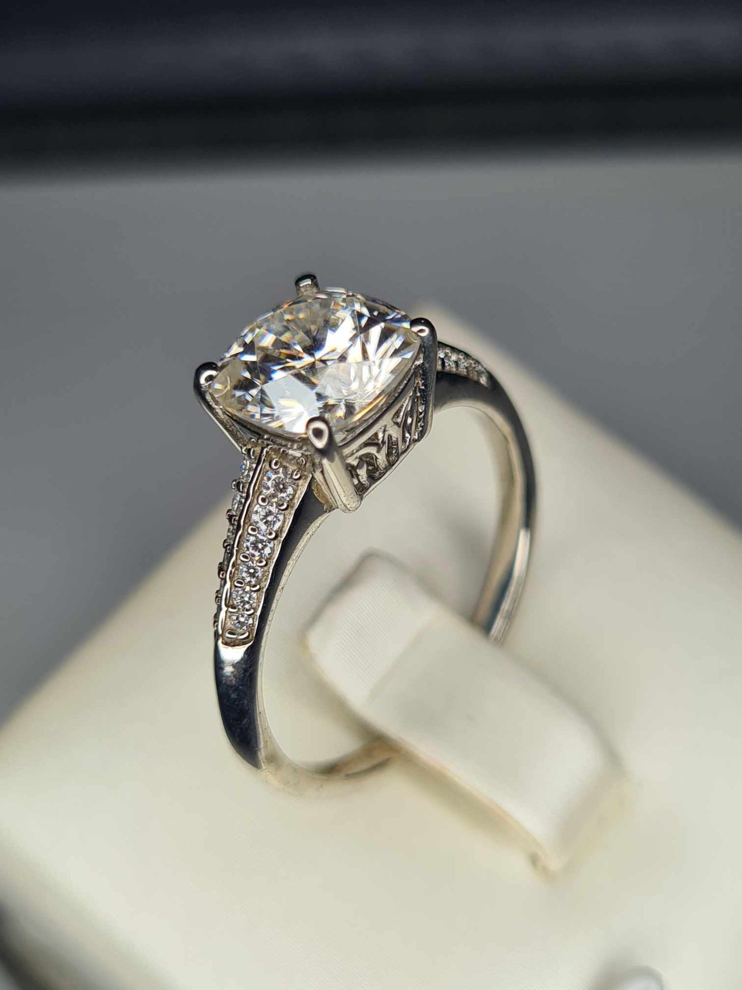 2.35 Ct Cushion Cut Moissanite Ring in Platinum Overlay 925 Sterling Silver SIZE R