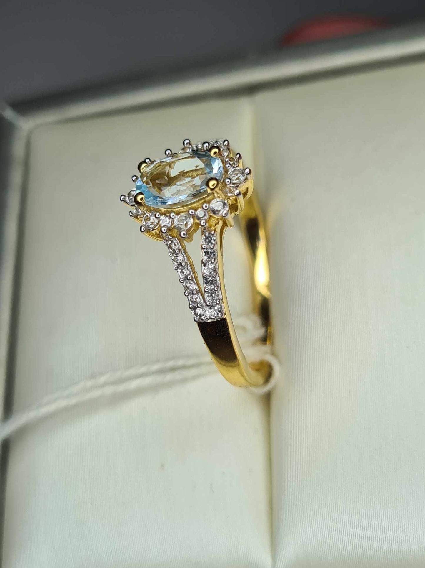 1.10ct Santo Aquamarine & Natural Zircon Ring in 18K Gold Overlay 925 Sterling Silver SIZE R