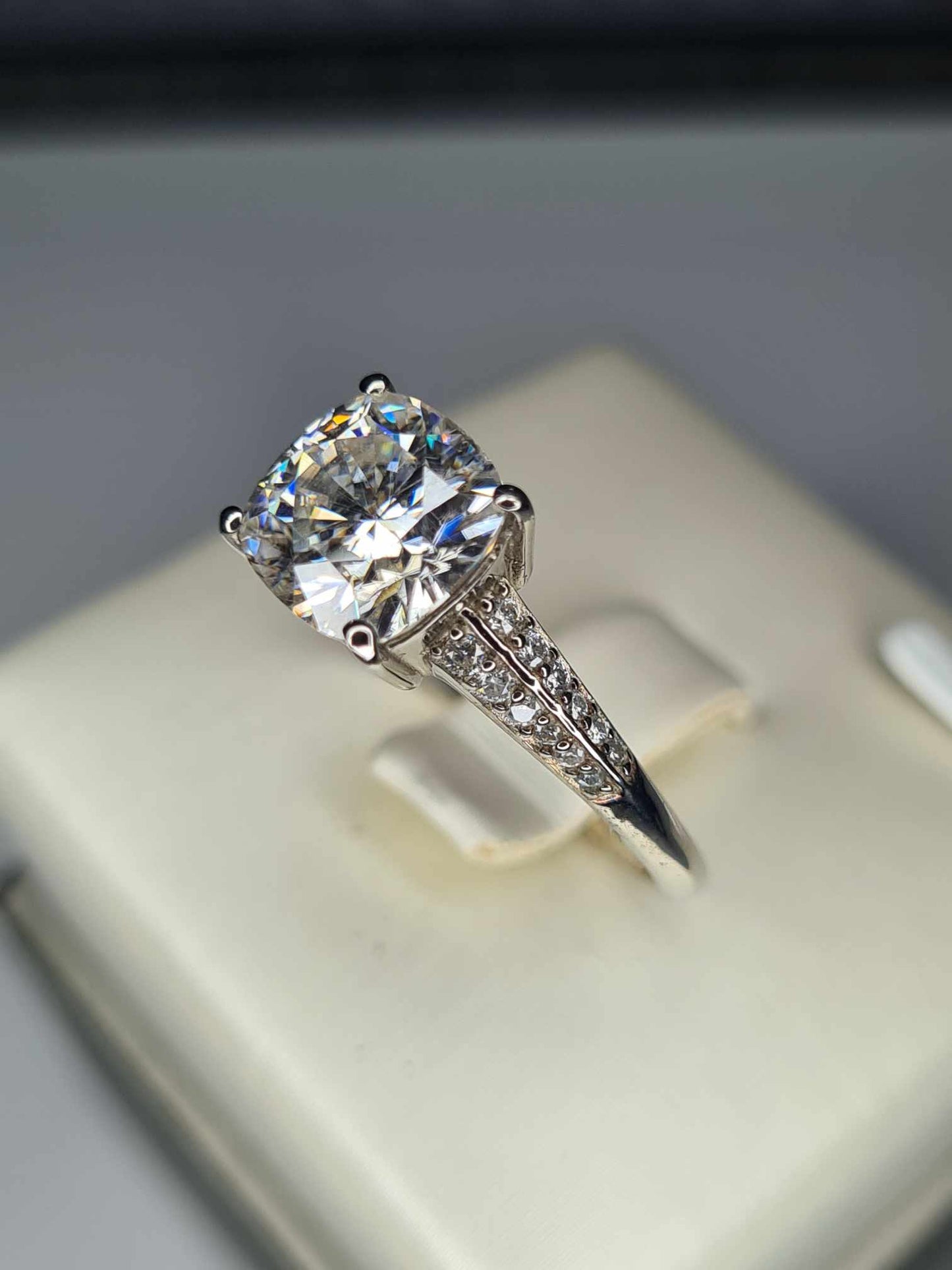 2.35 Ct Cushion Cut Moissanite Ring in Platinum Overlay 925 Sterling Silver SIZE R