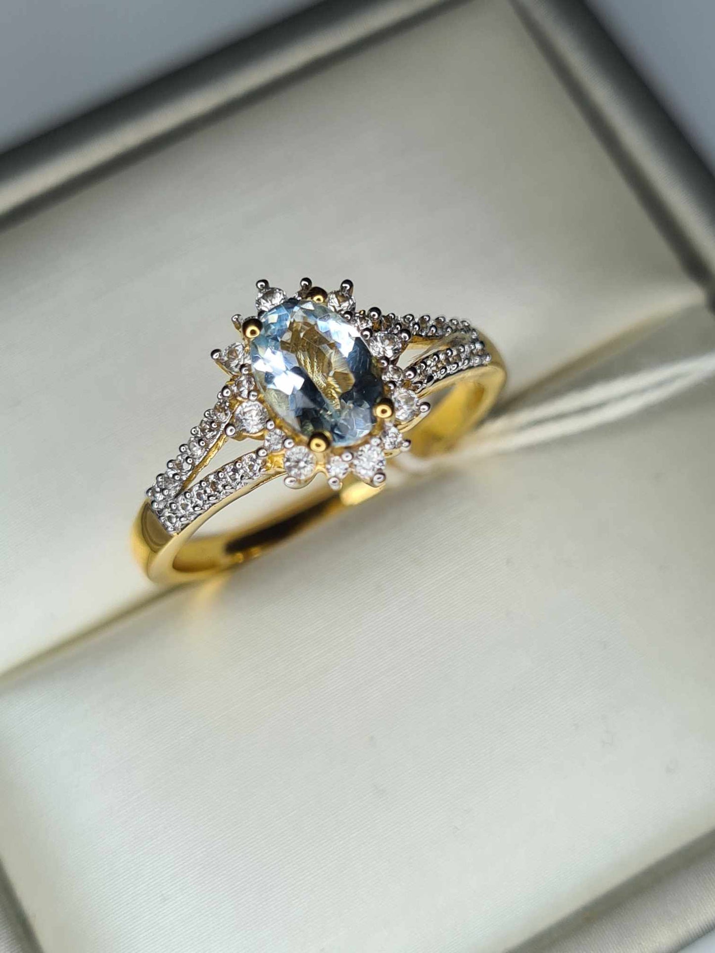 1.10ct Santo Aquamarine & Natural Zircon Ring in 18K Gold Overlay 925 Sterling Silver SIZE R
