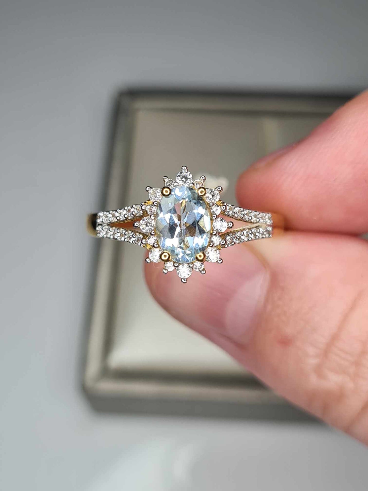 1.10ct Santo Aquamarine & Natural Zircon Ring in 18K Gold Overlay 925 Sterling Silver SIZE R