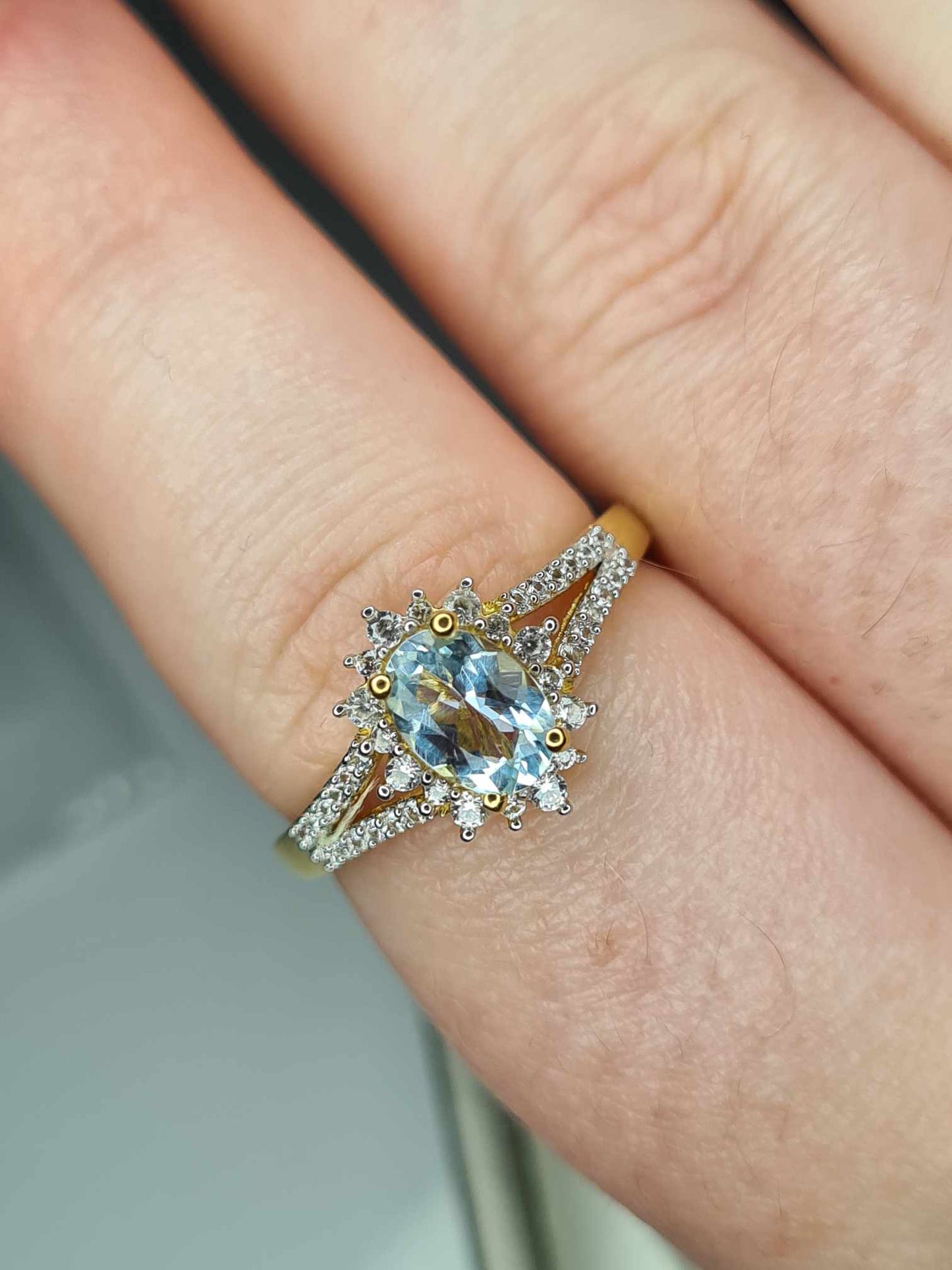 1.10ct Santo Aquamarine & Natural Zircon Ring in 18K Gold Overlay 925 Sterling Silver SIZE R