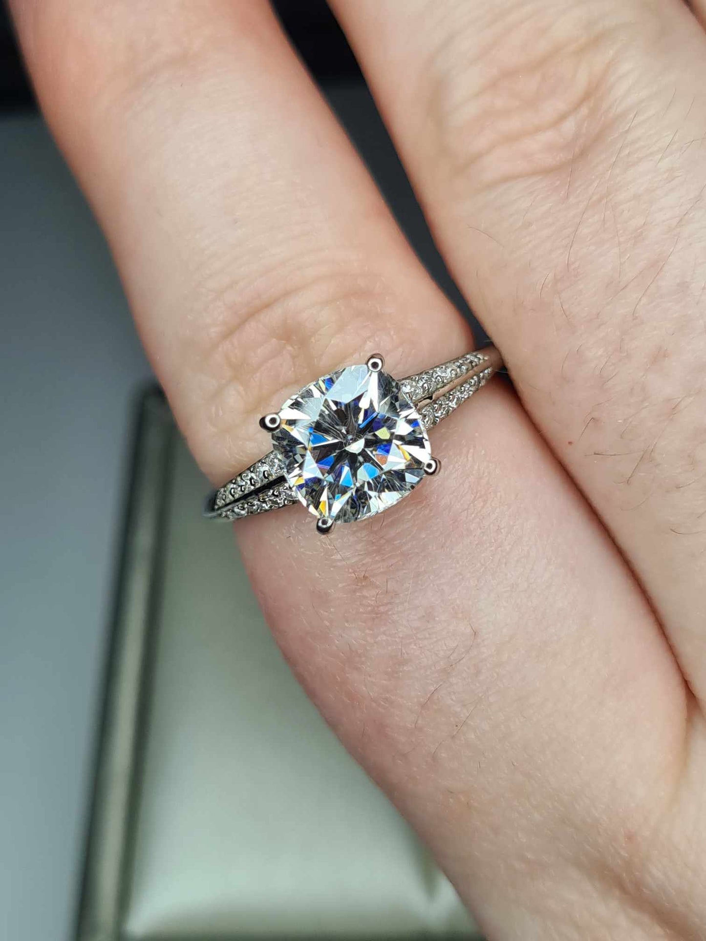 2.35 Ct Cushion Cut Moissanite Ring in Platinum Overlay 925 Sterling Silver SIZE R