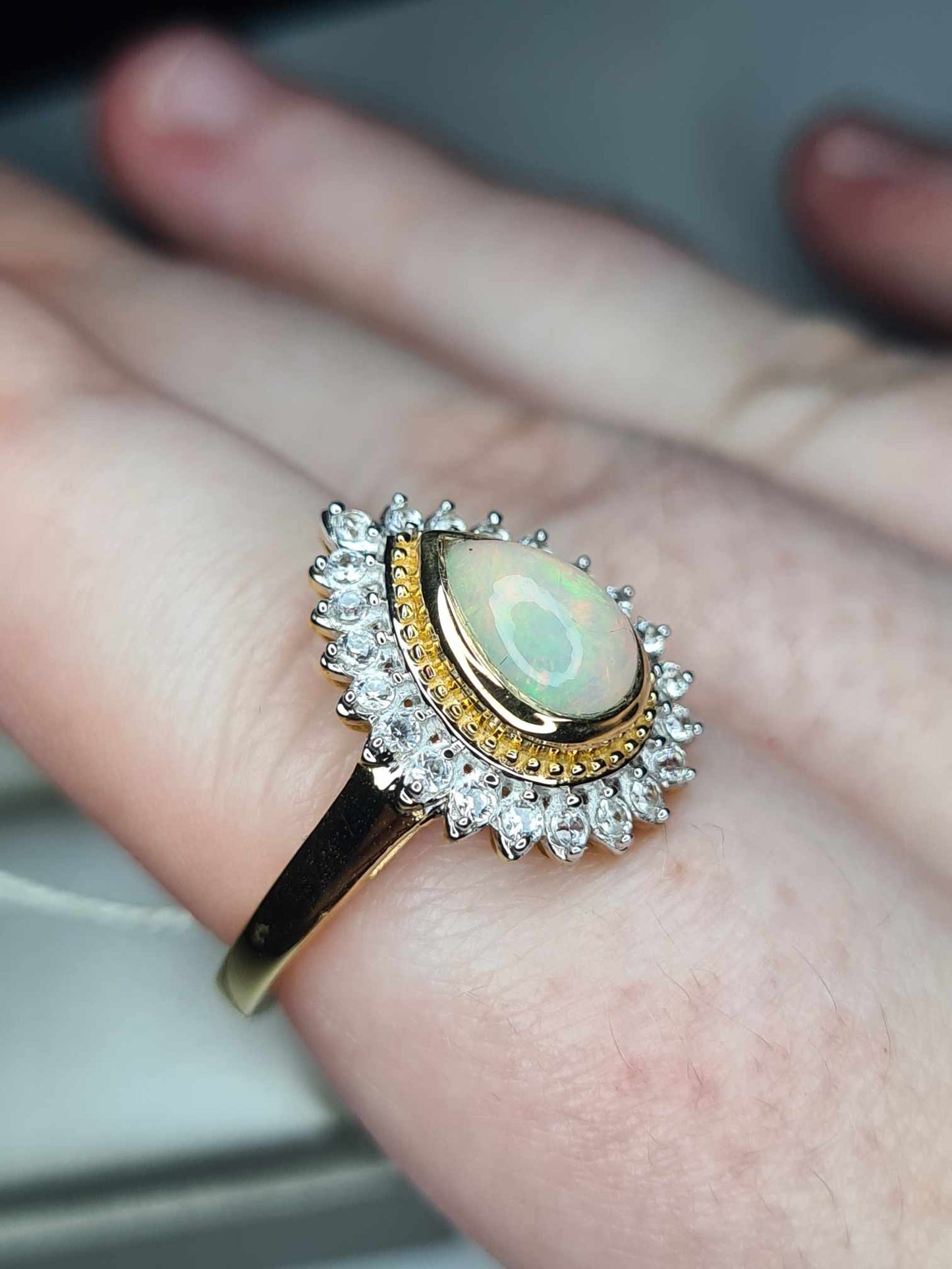1.92ct Ethiopian Welo Opal and Natural Zircon Ring in 18K Yellow Gold Overlay 925 Sterling Silver SIZE P