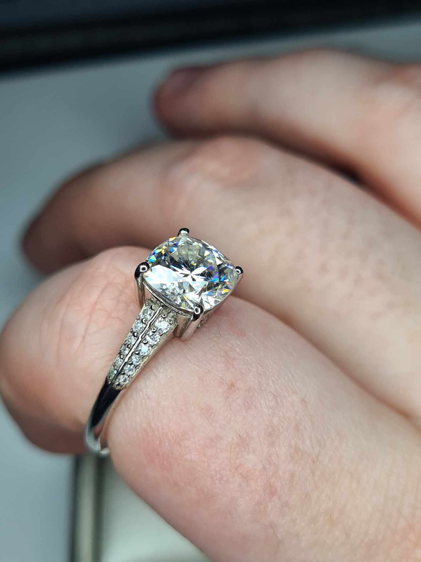 2.35 Ct Cushion Cut Moissanite Ring in Platinum Overlay 925 Sterling Silver SIZE R