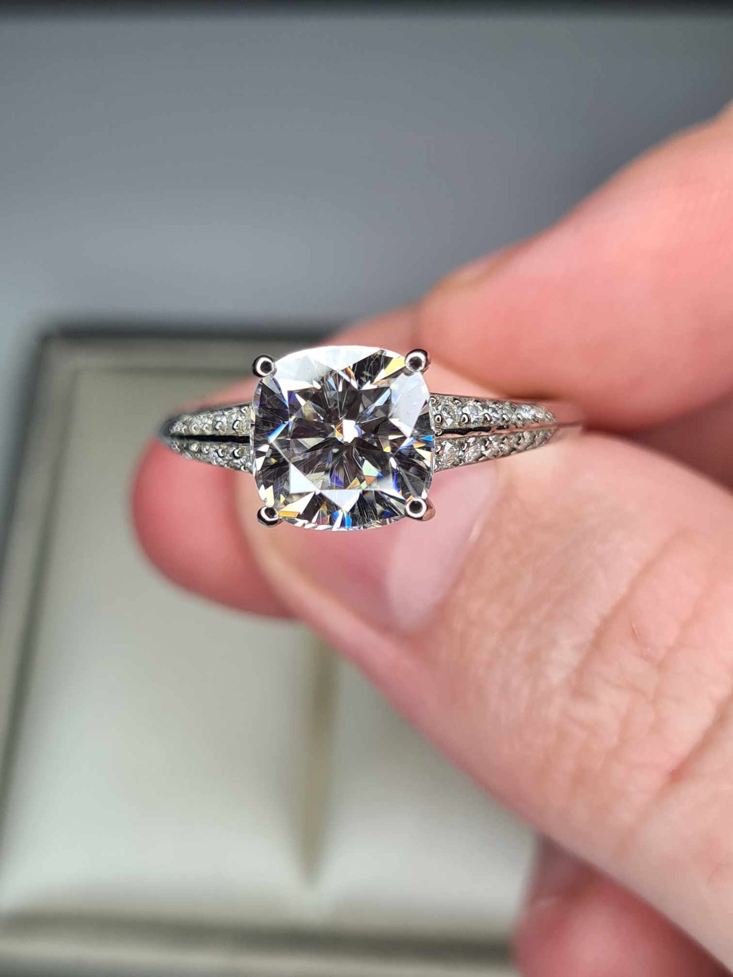 2.35 Ct Cushion Cut Moissanite Ring in Platinum Overlay 925 Sterling Silver SIZE R