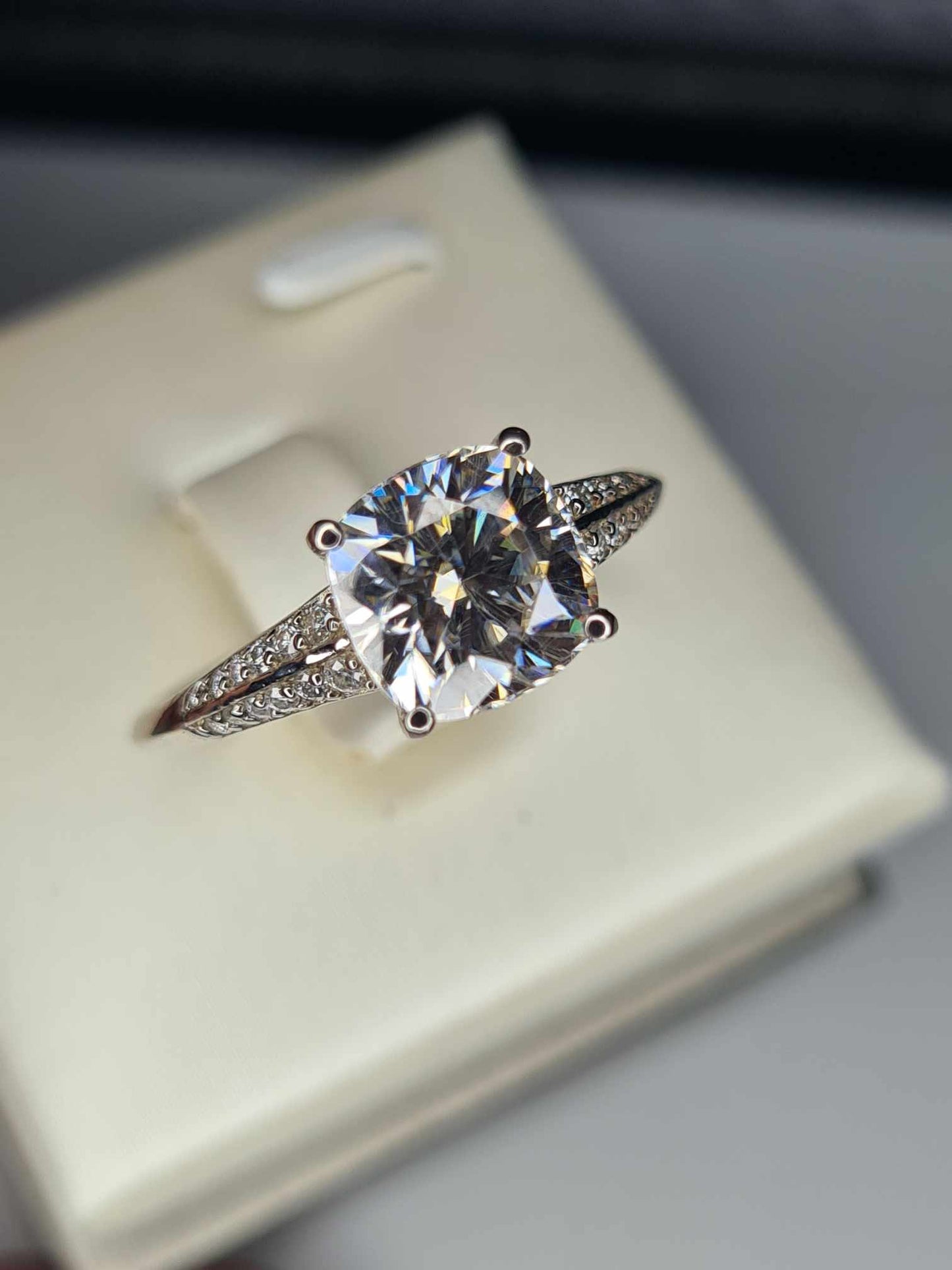 2.35 Ct Cushion Cut Moissanite Ring in Platinum Overlay 925 Sterling Silver SIZE R