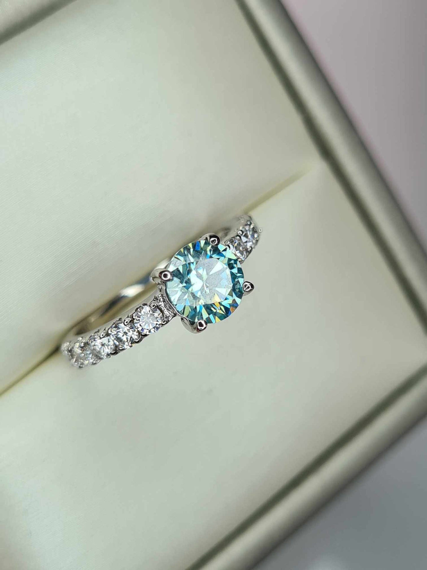 1.41ct light Blue Moissanite Engagement Ring in Rhodium Overlay 925 Sterling Silver SIZE K