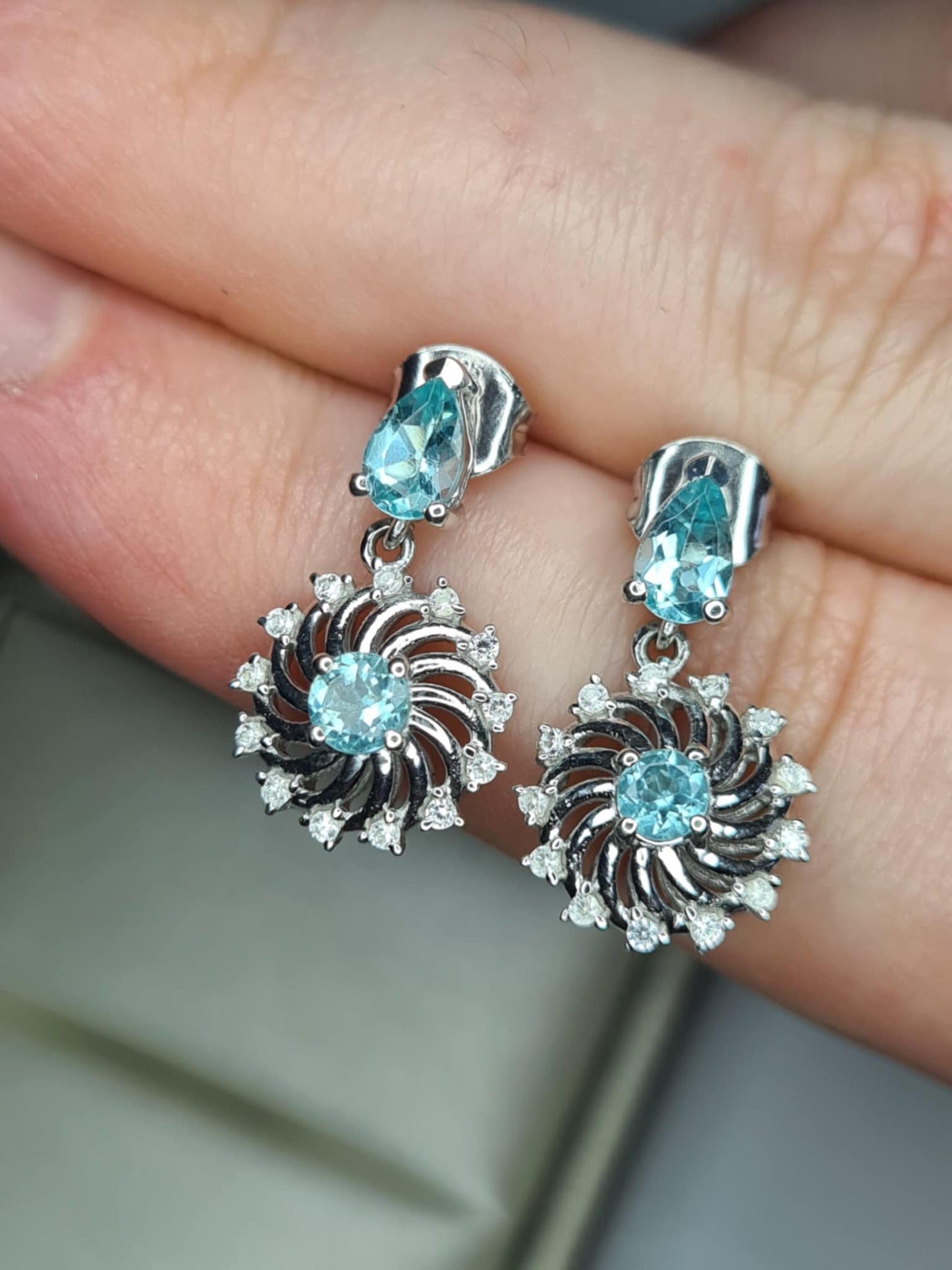 1.70ct Lagoon Apatite & White Zircon Small Dangling Earrings 925 Sterling Silver