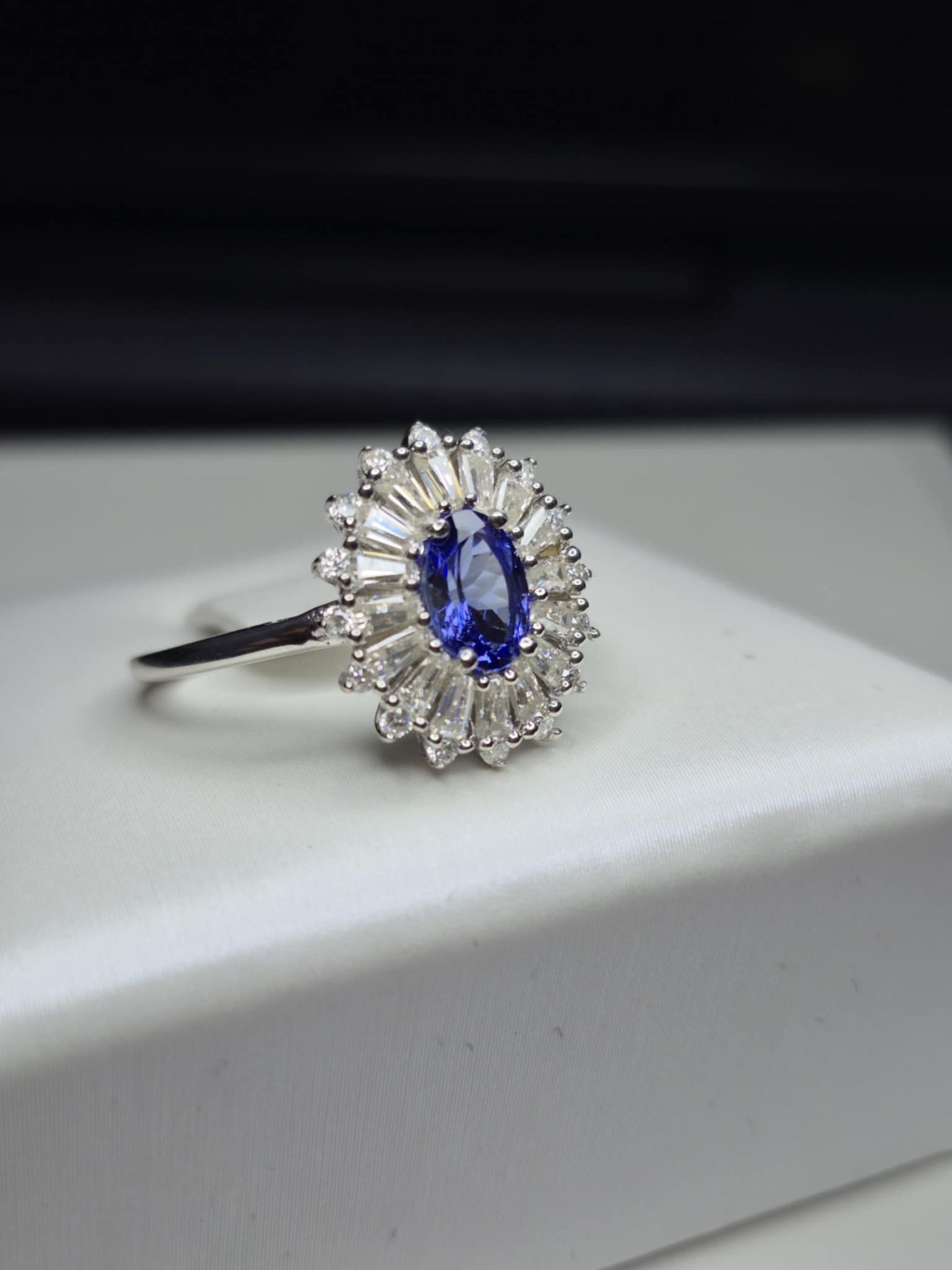 1.24ct Tanzanite & Moissanite Halo Ring in Rhodium Overlay 925 Sterling Silver SIZE M