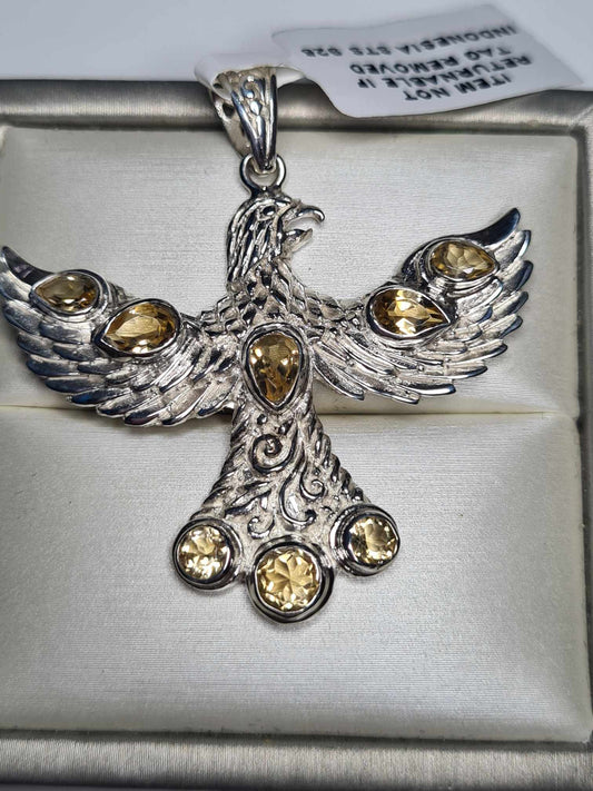 2.62ct Hand Made Citrine Eagle Pendant 925 Sterling Silver