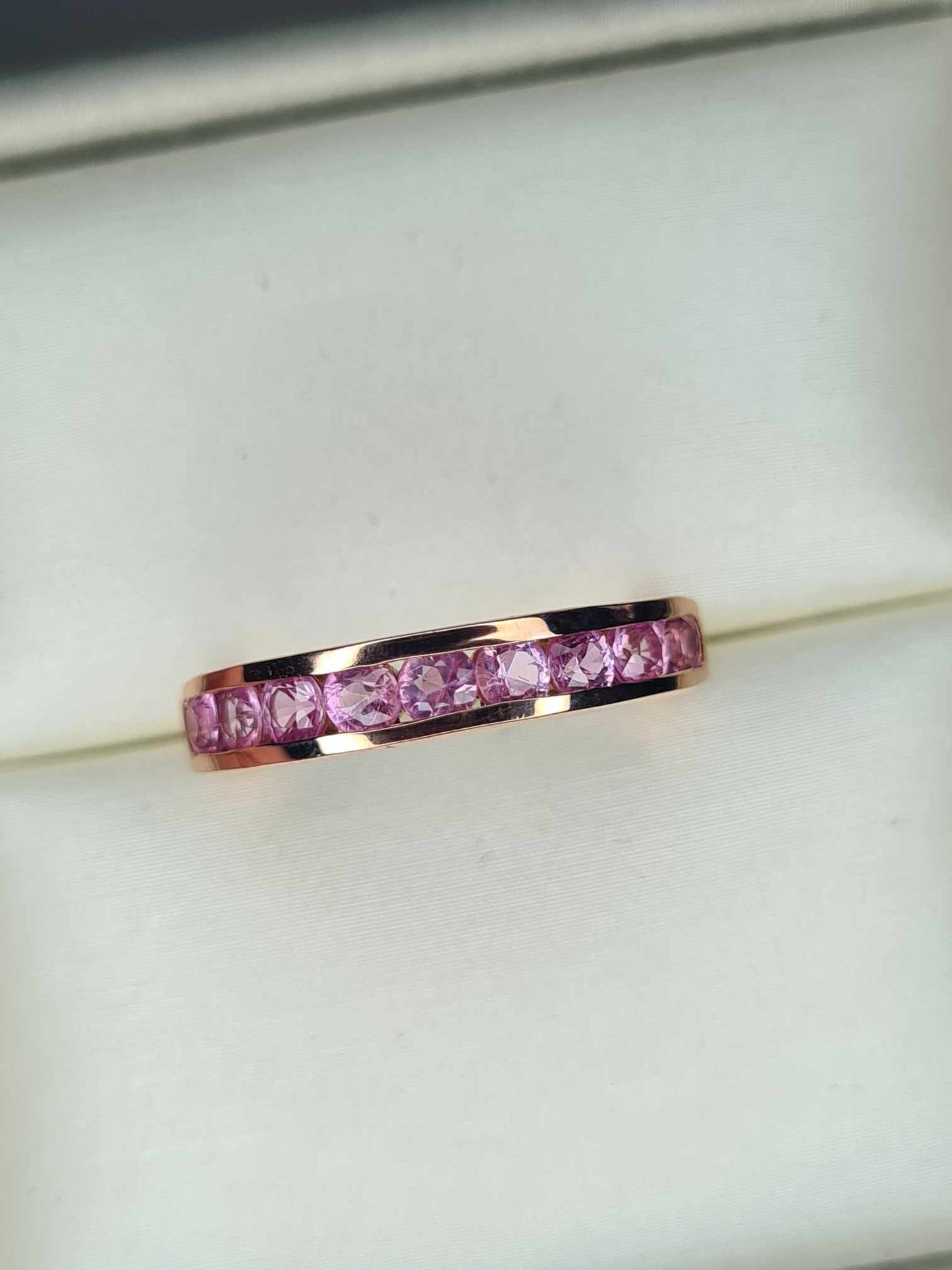 Pink Sapphire Half Eternity Band Ring 18k Rose Gold Overlay 925 sterling silver SIZE K