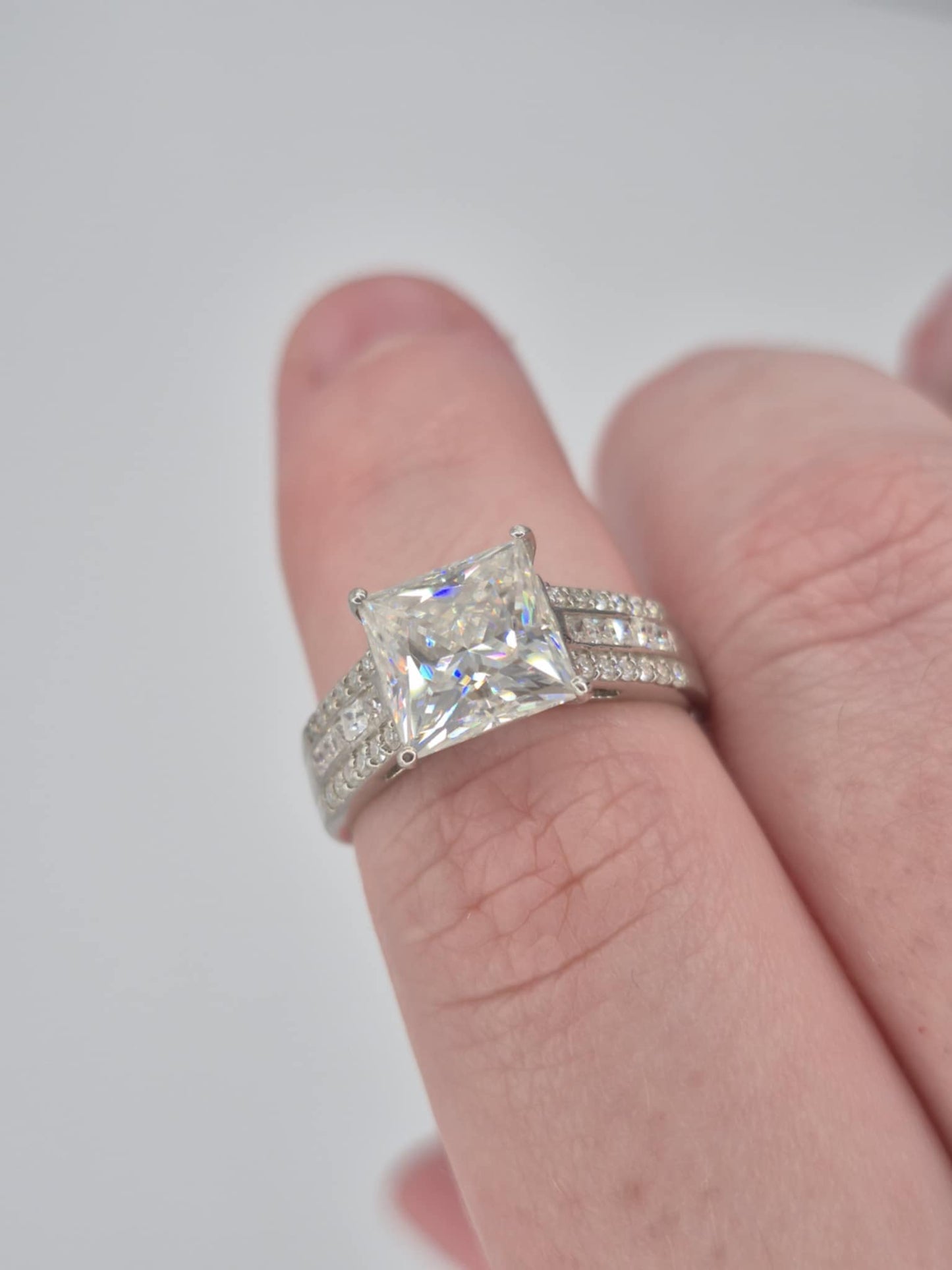 3.21ct Princess Cut Moissanite Ring in Rhodium Overlay 925 Sterling Silver SIZE N