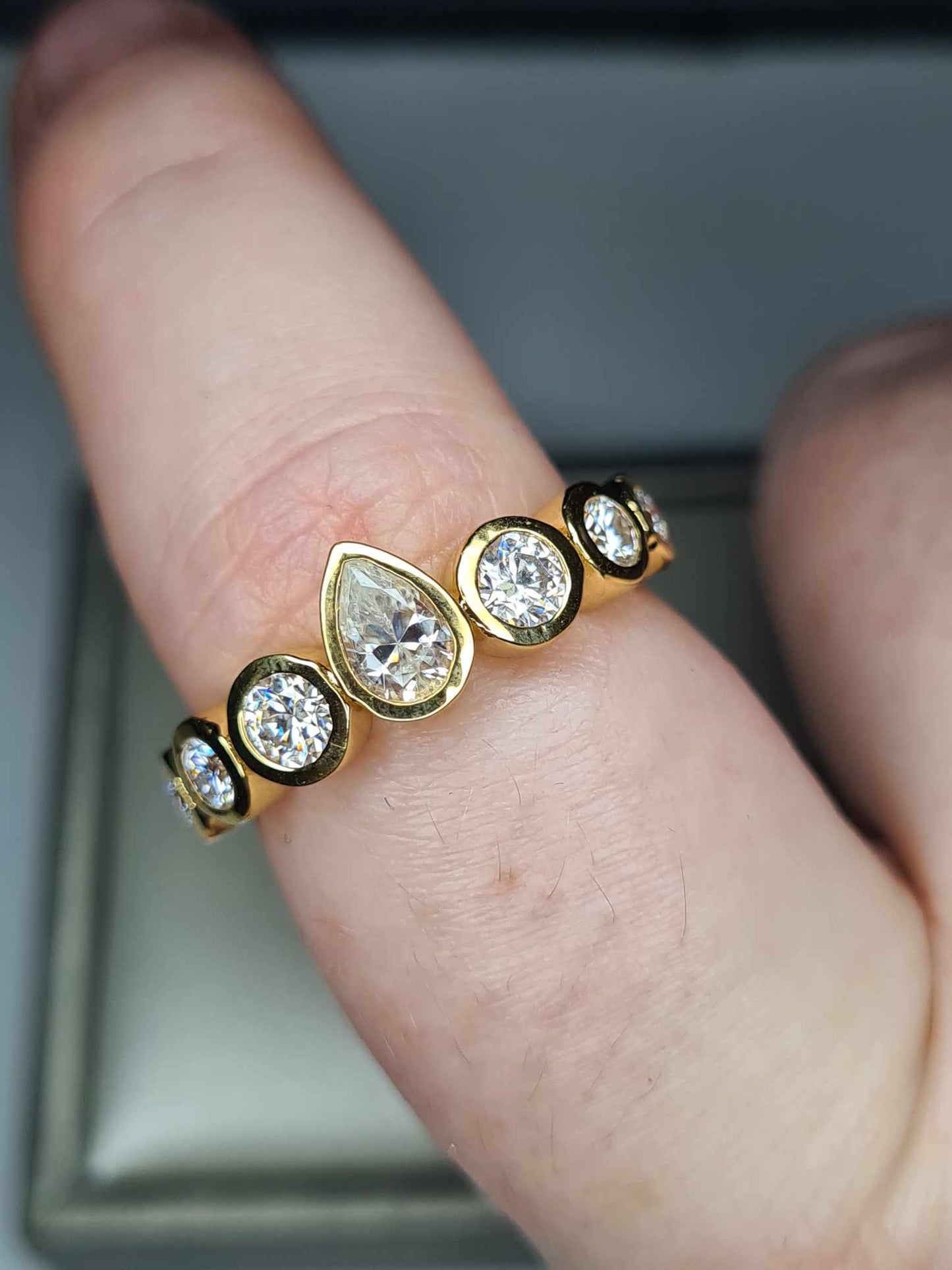 1.36 Ct 7 Stone Moissanite Ring 18k Gold Overlay 925 Sterling Silver SIZE R