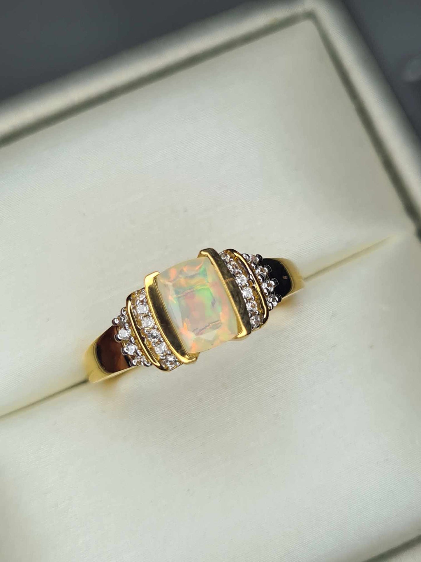 Ethiopian Welo Opal & Natural Zircon Ring in 18K Yellow Gold Overlay 925 Sterling Silver SIZE M