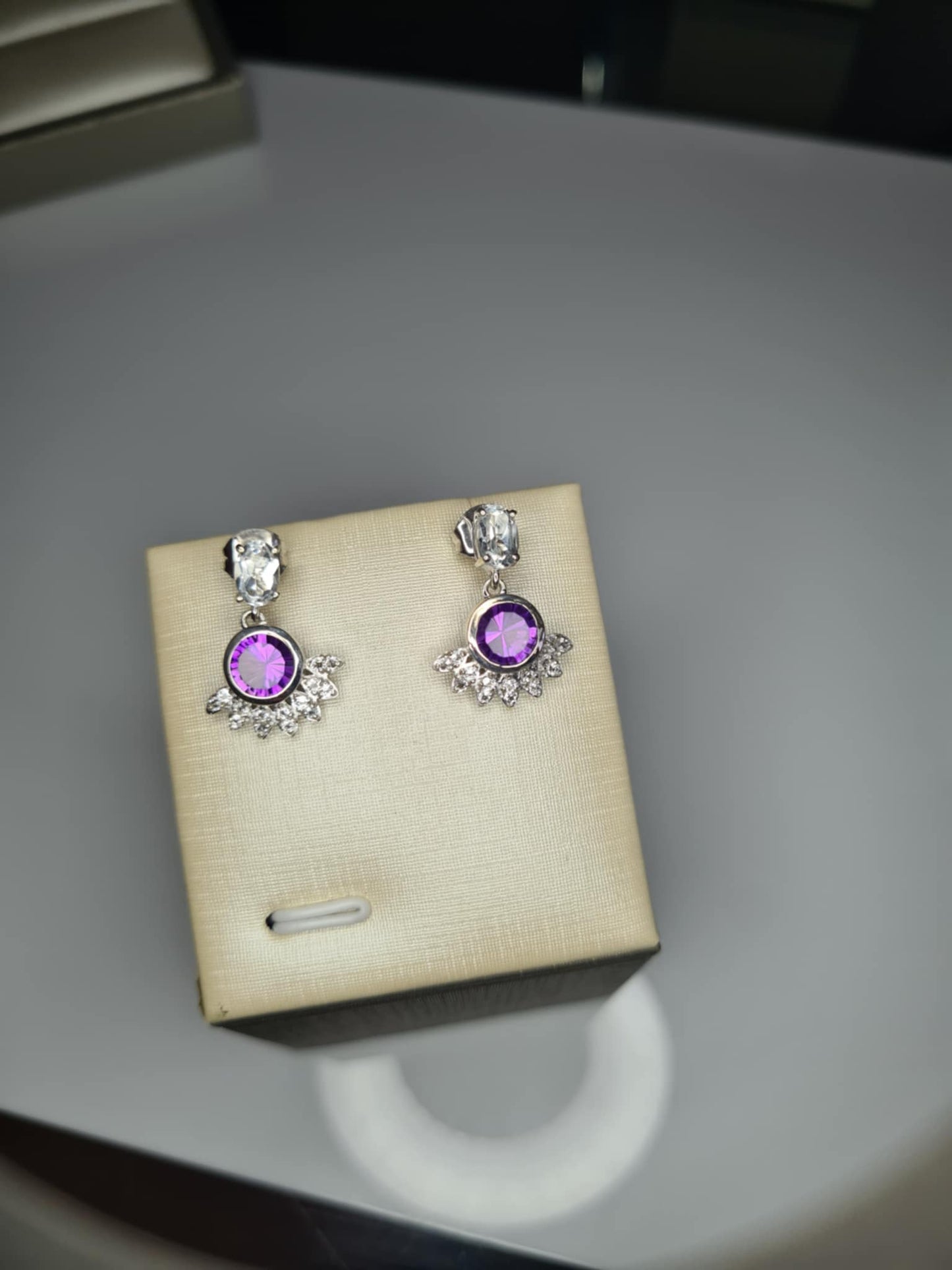 Zambian Amethyst, White Topaz Solitaire Dangle Earrings in Rhodium Overlay 925 Sterling Silver