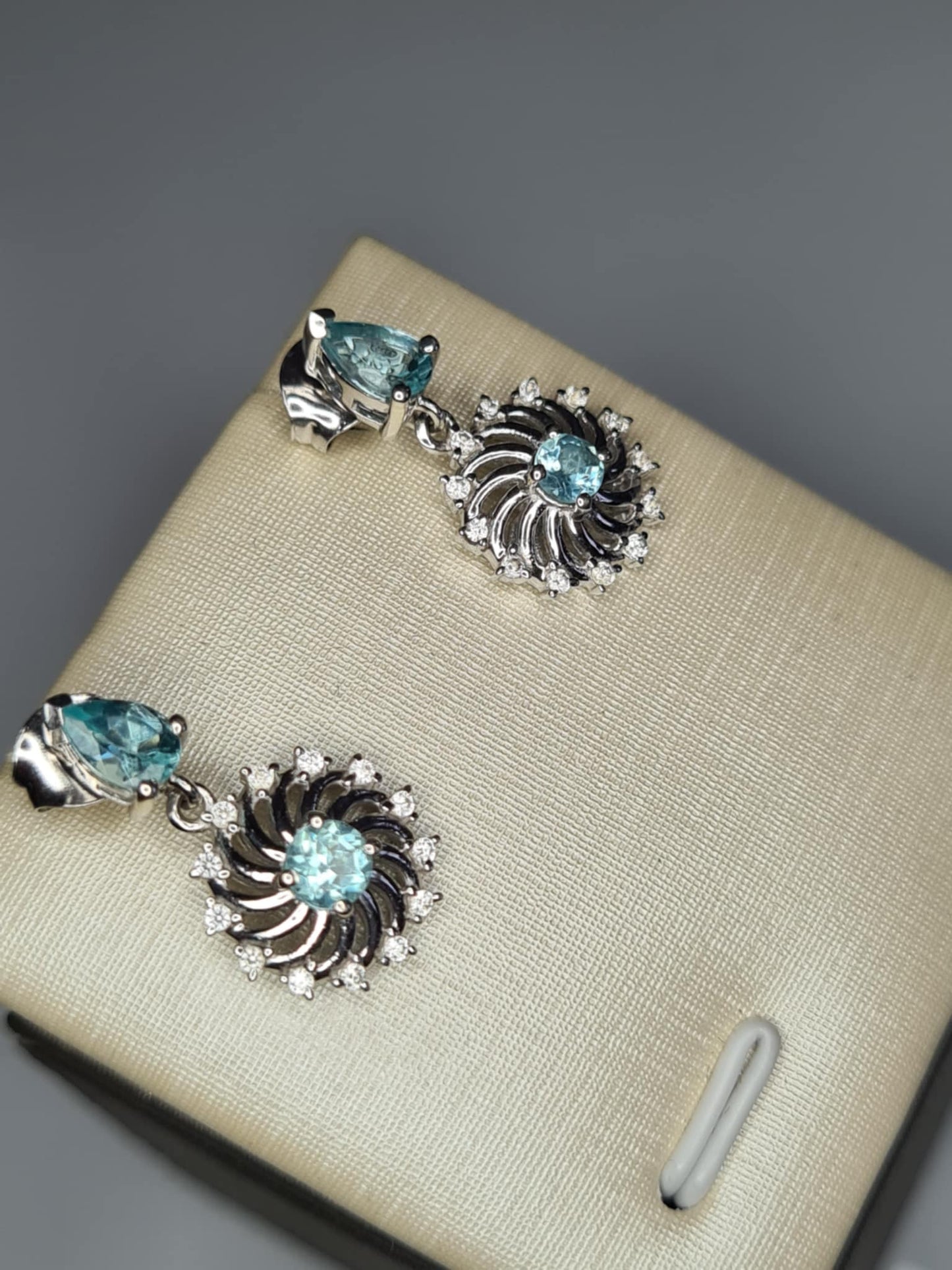 1.70ct Lagoon Apatite & White Zircon Small Dangling Earrings 925 Sterling Silver