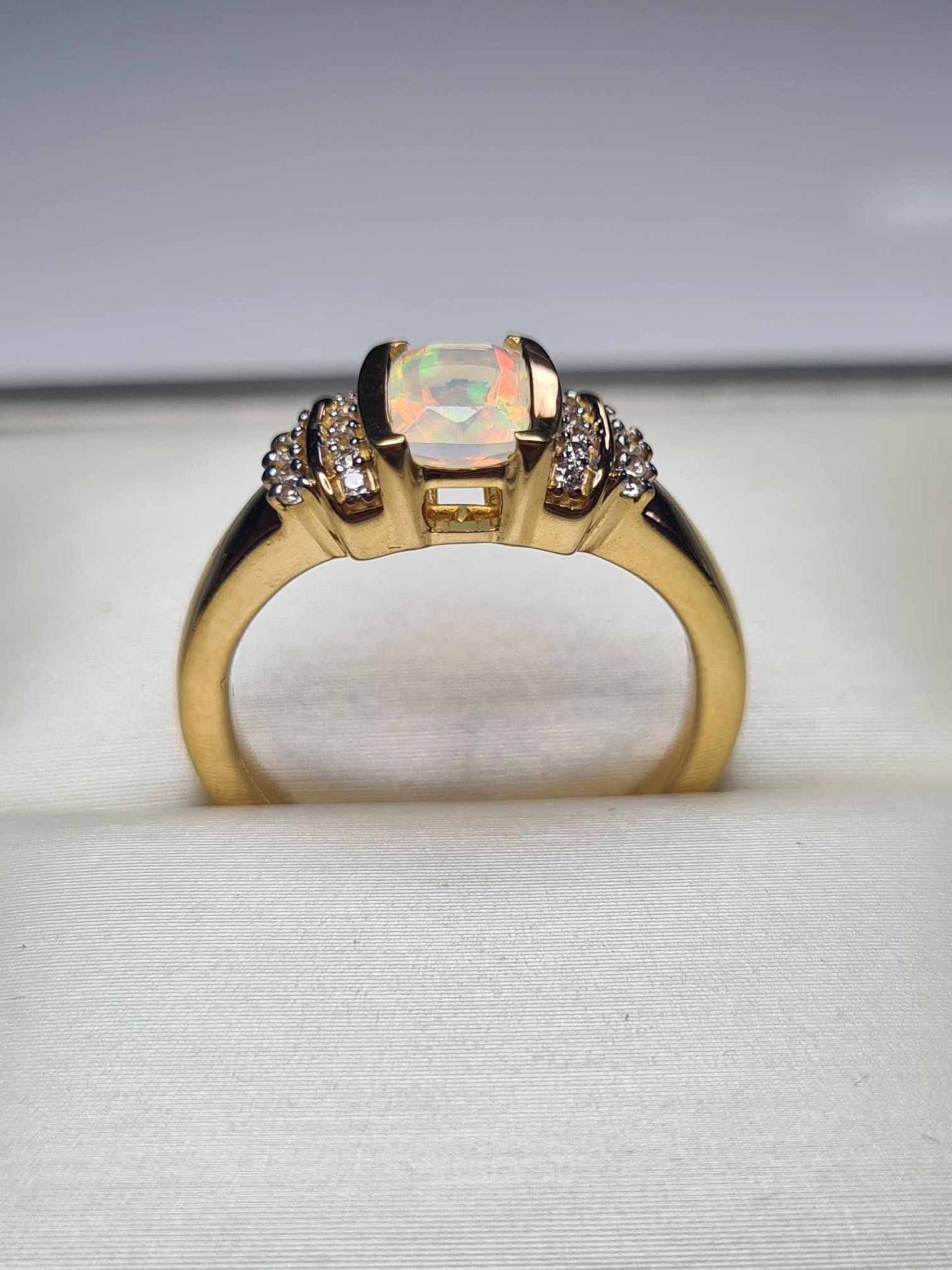Ethiopian Welo Opal & Natural Zircon Ring in 18K Yellow Gold Overlay 925 Sterling Silver SIZE M
