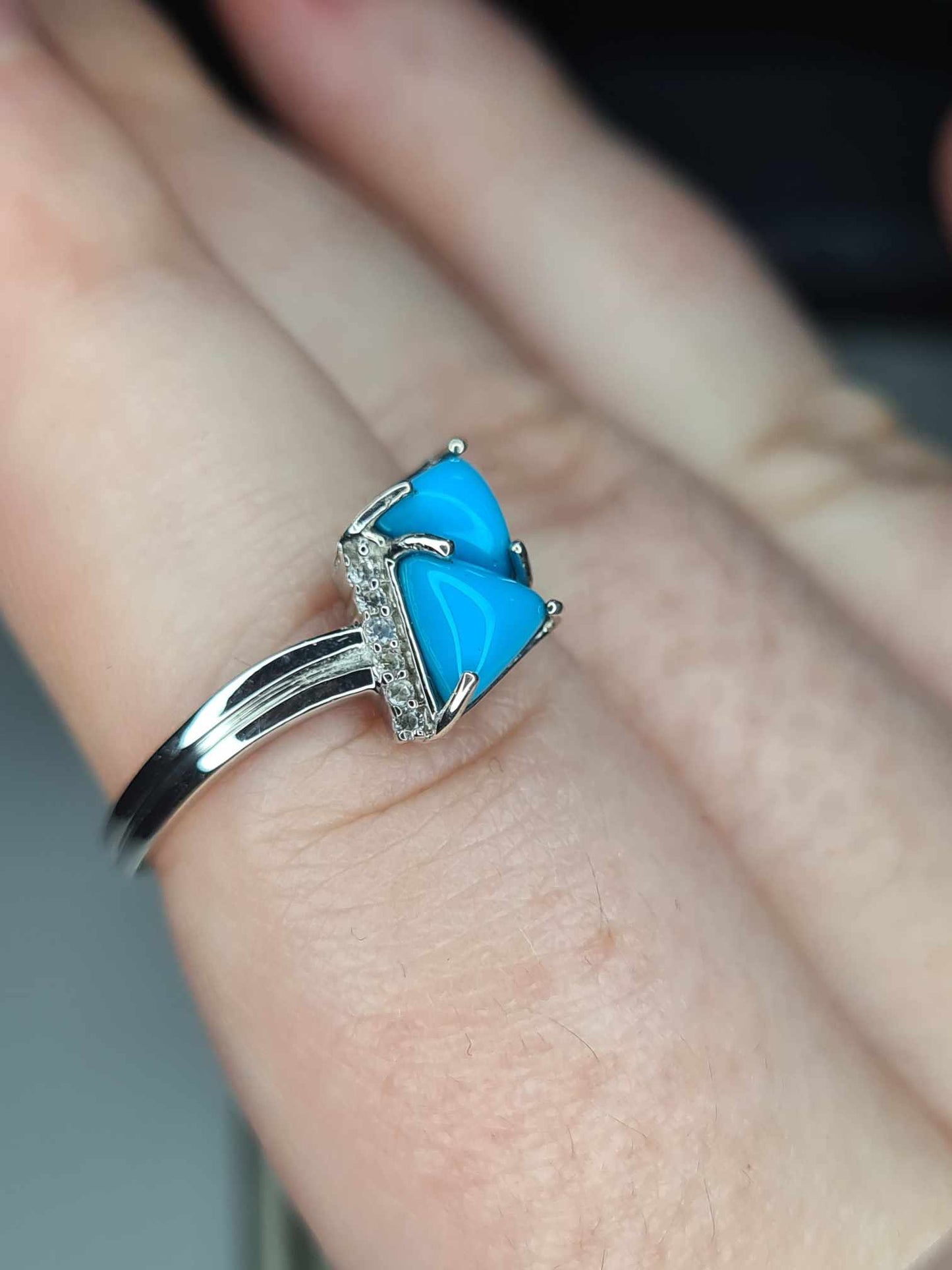 1.17 Ct. Arizona Sleeping Beauty Turquoise Triangle Ring in Platinum Overlay 925 Sterling Silver SIZE P