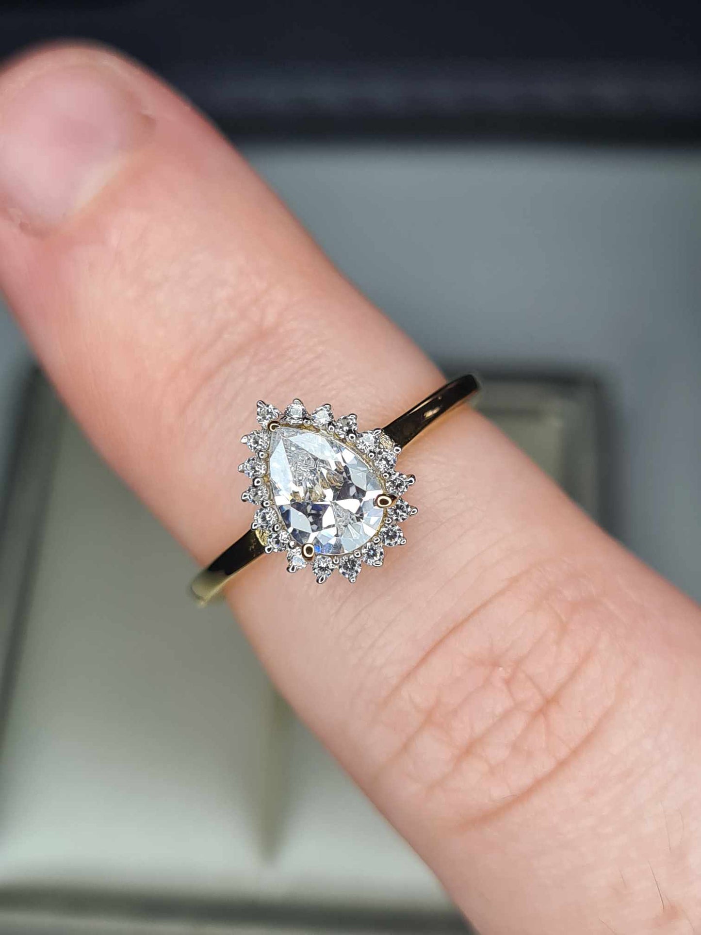 1.280ct Cubic Zirconia Pear Cut Halo Ring 18k gold overlay 925 sterling silver SIZE L