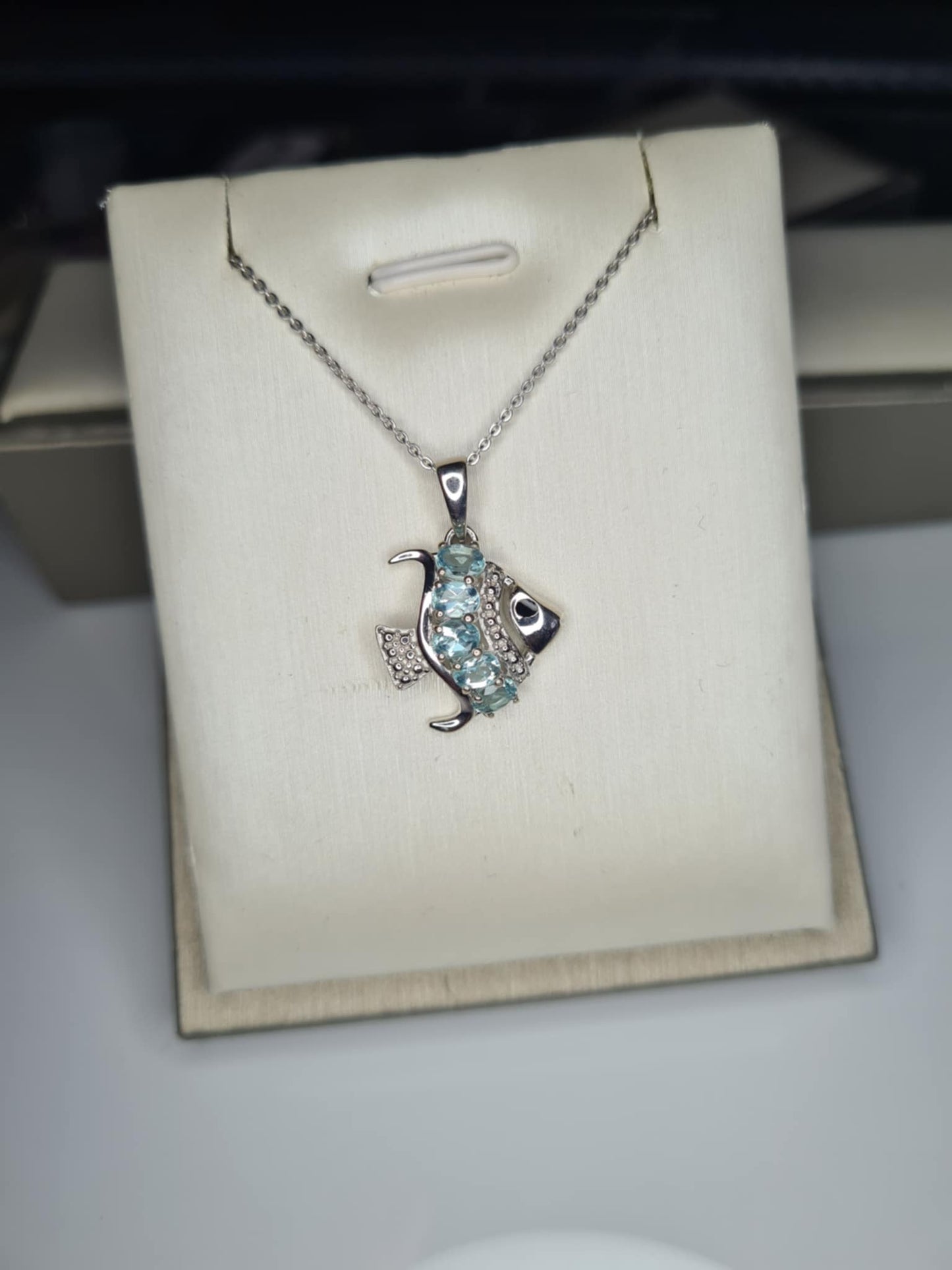 0.950ct. Lagoon Apatite Fish Necklace in Rhodium Overlay 925 Sterling Silver
