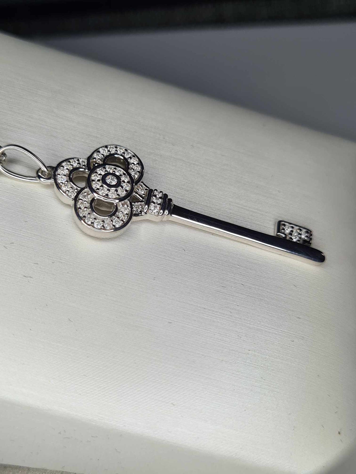 Moissanite Key Necklace Platinum Overlay 925 Sterling Silver