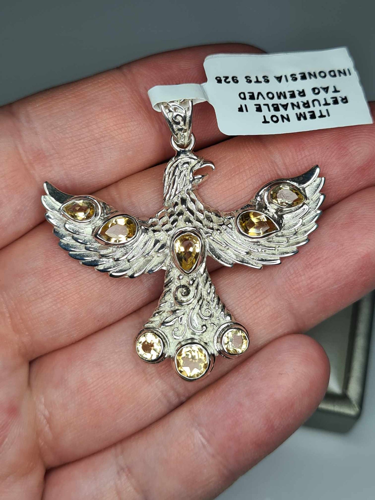 2.62ct Hand Made Citrine Eagle Pendant 925 Sterling Silver