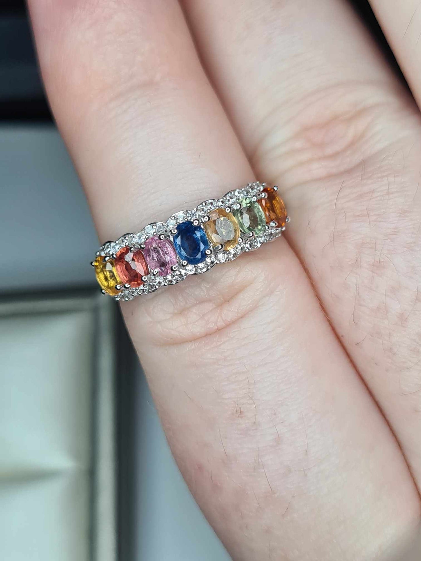 2.15ct Rainbow Sapphire and Natural Zircon Half Eternity Ring in Platinum Overlay 925 Sterling Silver SIZE N