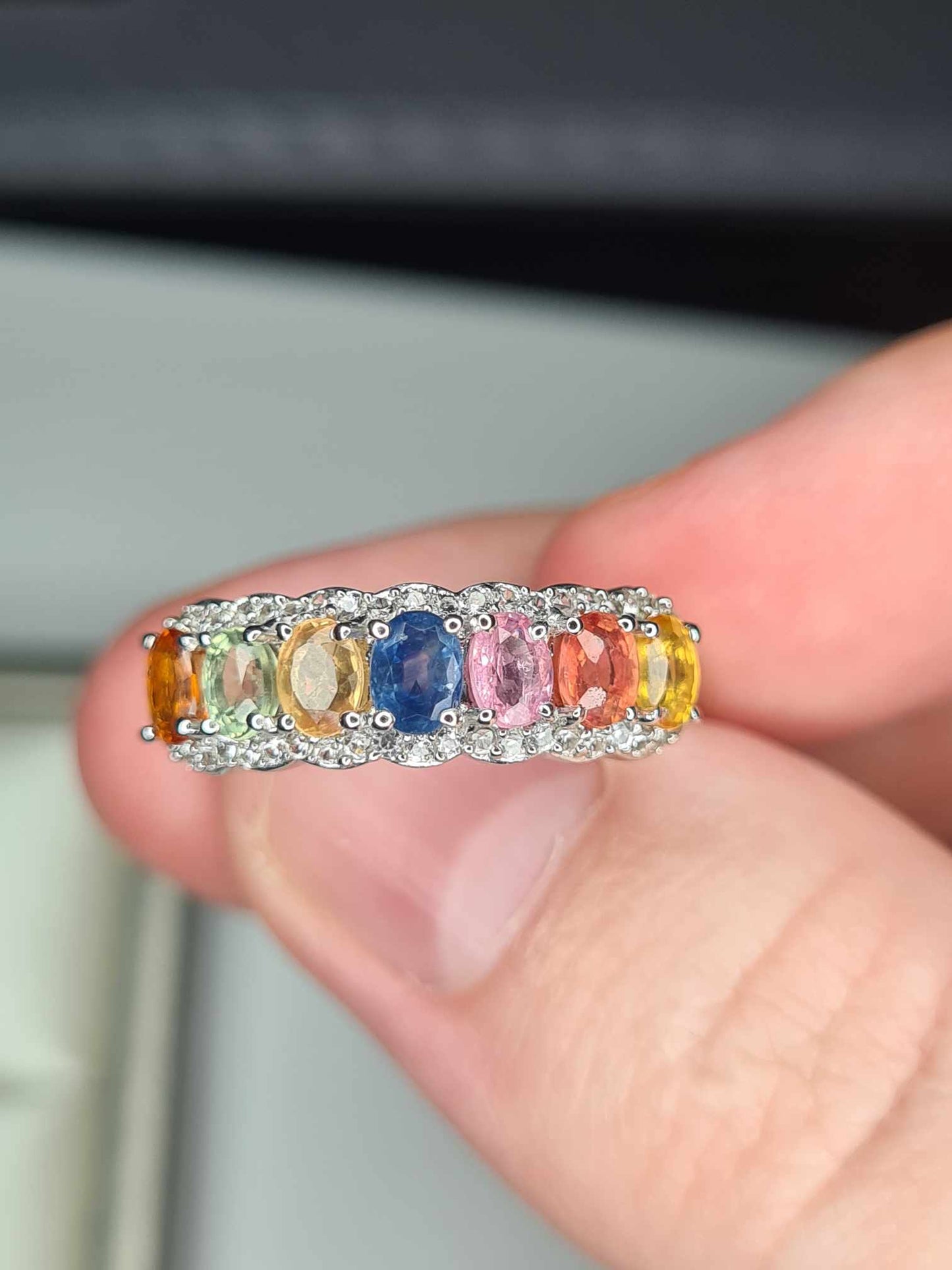 2.15ct Rainbow Sapphire and Natural Zircon Half Eternity Ring in Platinum Overlay 925 Sterling Silver SIZE N