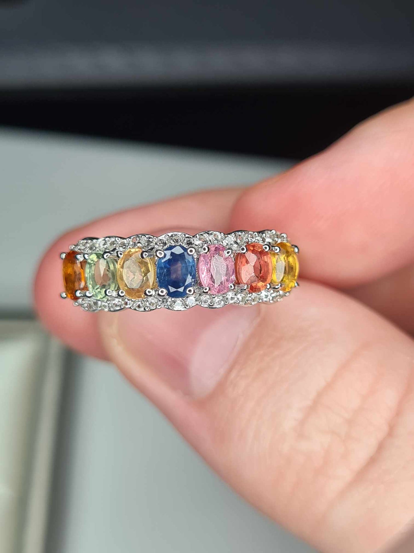 2.15ct Rainbow Sapphire and Natural Zircon Half Eternity Ring in Platinum Overlay 925 Sterling Silver SIZE N