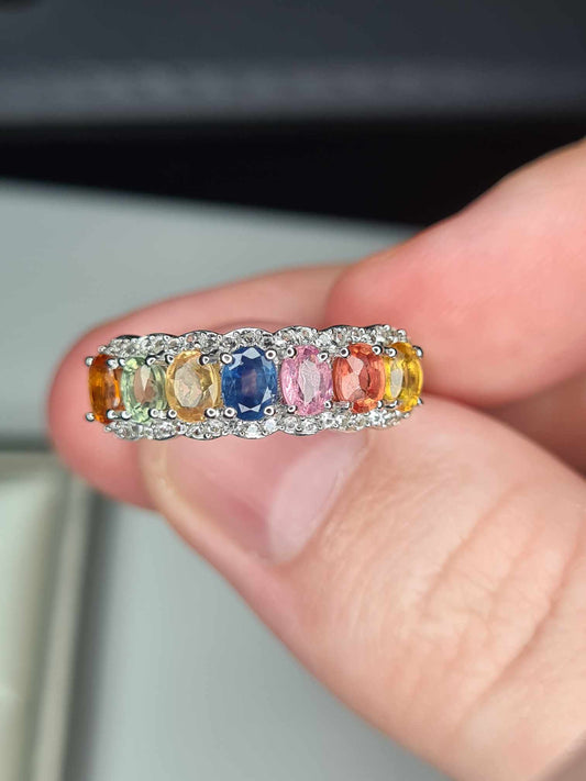 2.15ct Rainbow Sapphire and Natural Zircon Half Eternity Ring in Platinum Overlay 925 Sterling Silver SIZE N