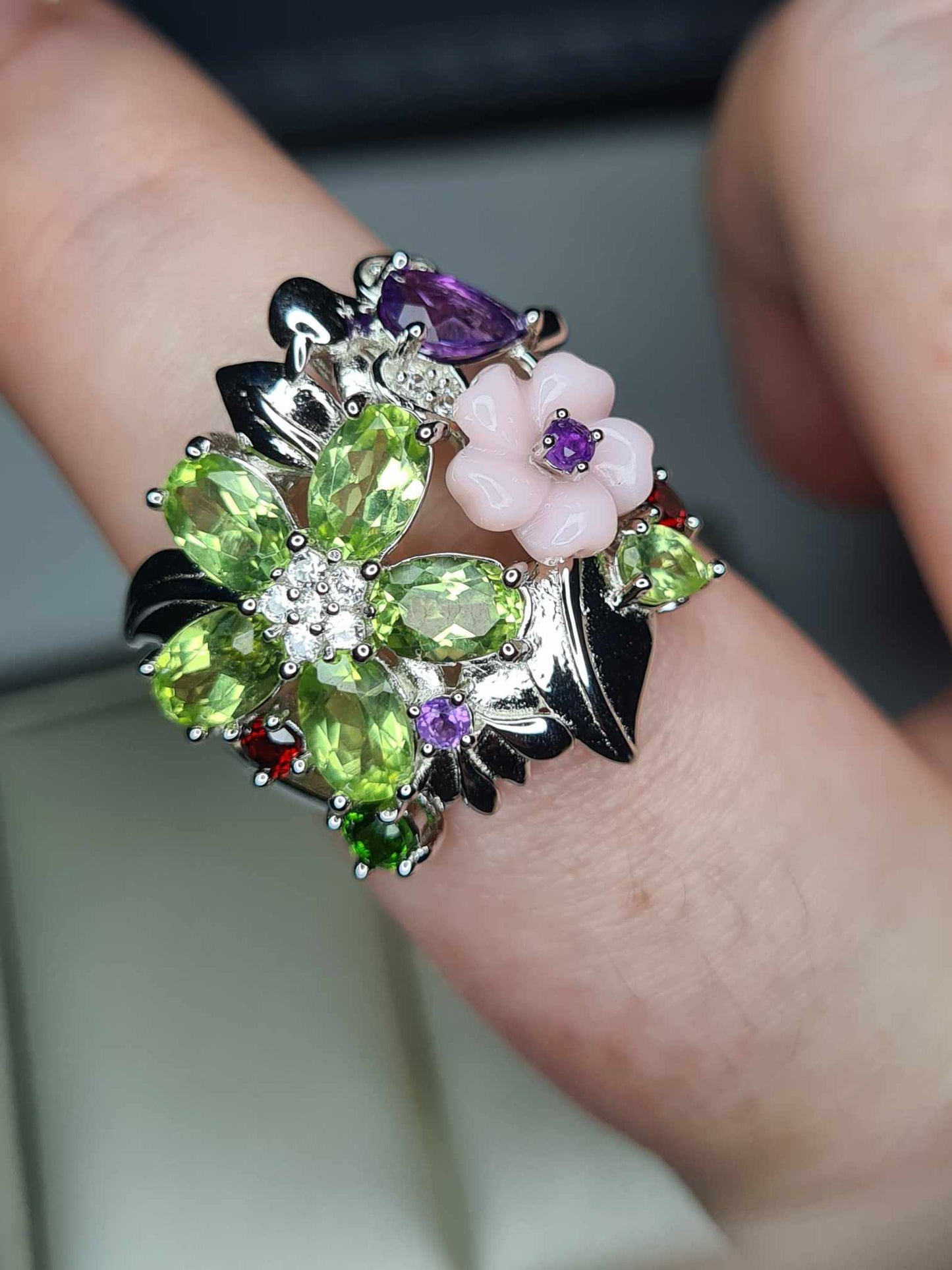 4.55ct Multi Gemstone Floral Bird Ring in Rhodium Overlay 925 Sterling Silver SIZE N