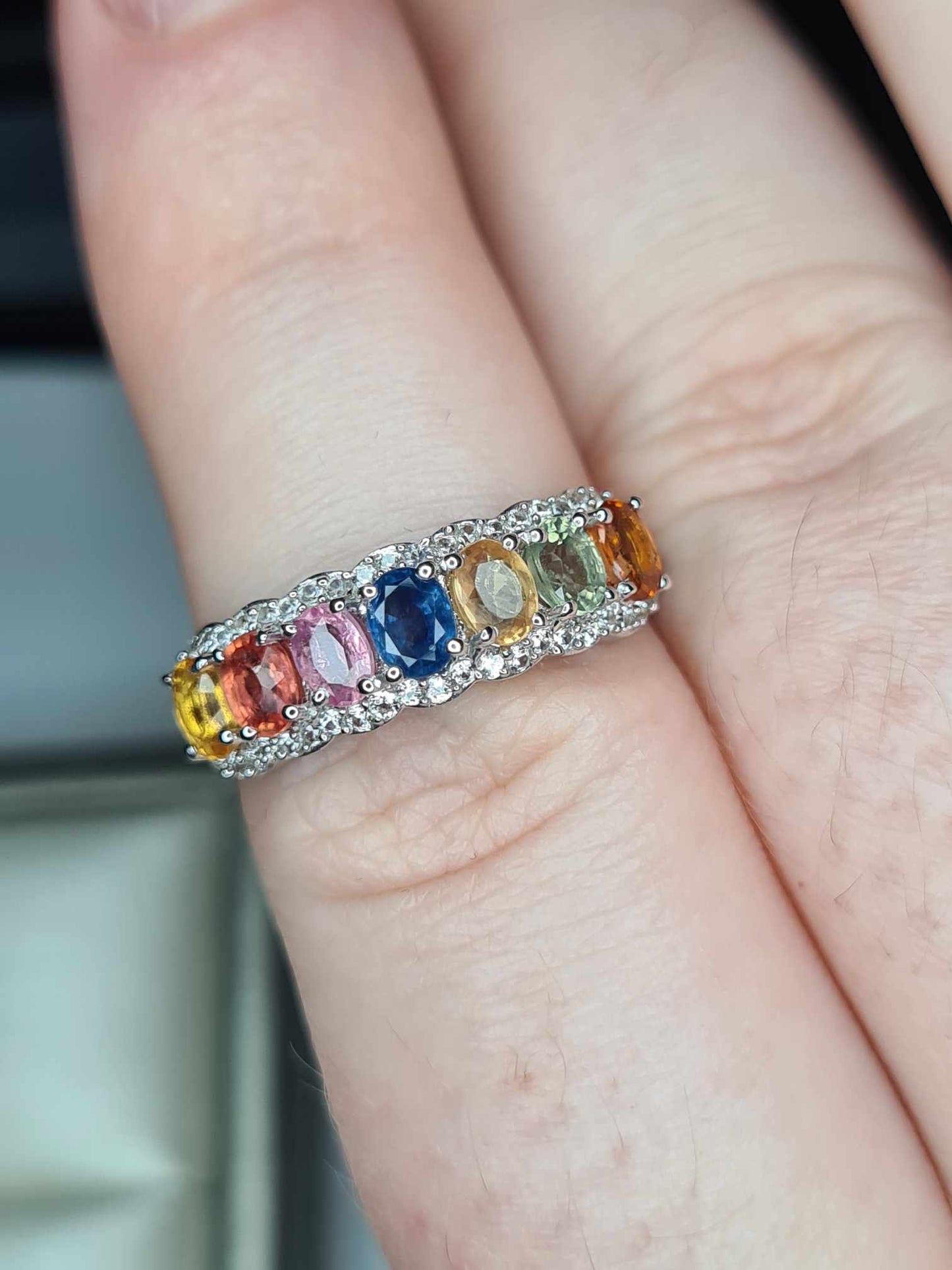 2.15ct Rainbow Sapphire and Natural Zircon Half Eternity Ring in Platinum Overlay 925 Sterling Silver SIZE N