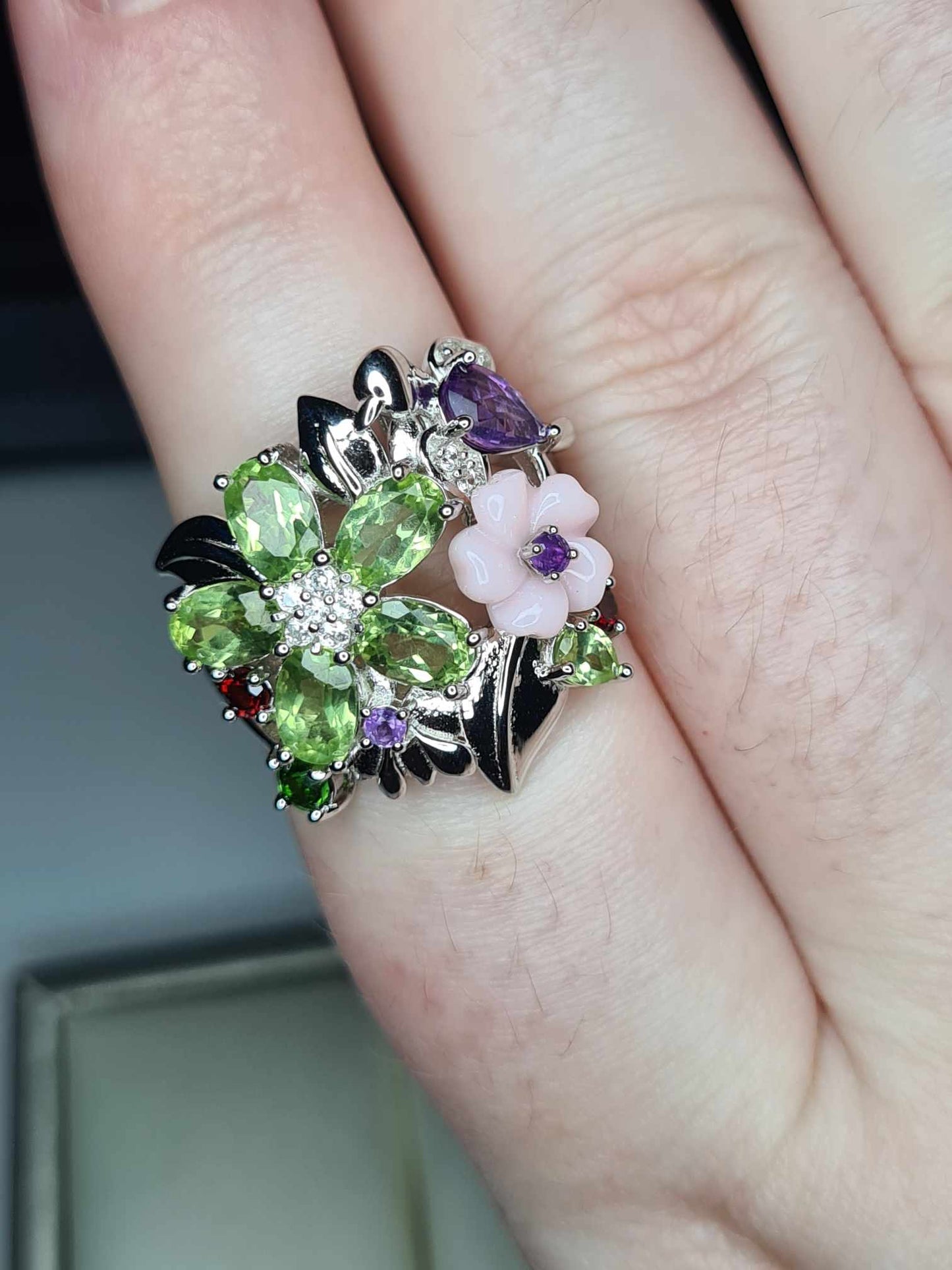 4.55ct Multi Gemstone Floral Bird Ring in Rhodium Overlay 925 Sterling Silver SIZE N