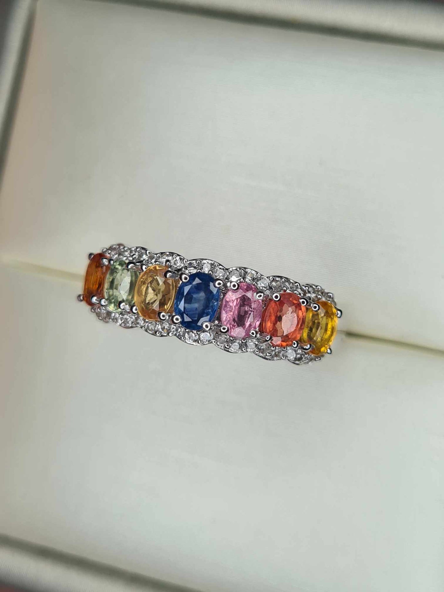 2.15ct Rainbow Sapphire and Natural Zircon Half Eternity Ring in Platinum Overlay 925 Sterling Silver SIZE N