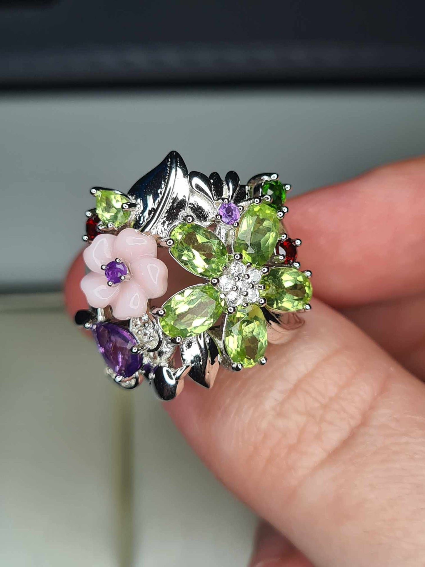 4.55ct Multi Gemstone Floral Bird Ring in Rhodium Overlay 925 Sterling Silver SIZE N