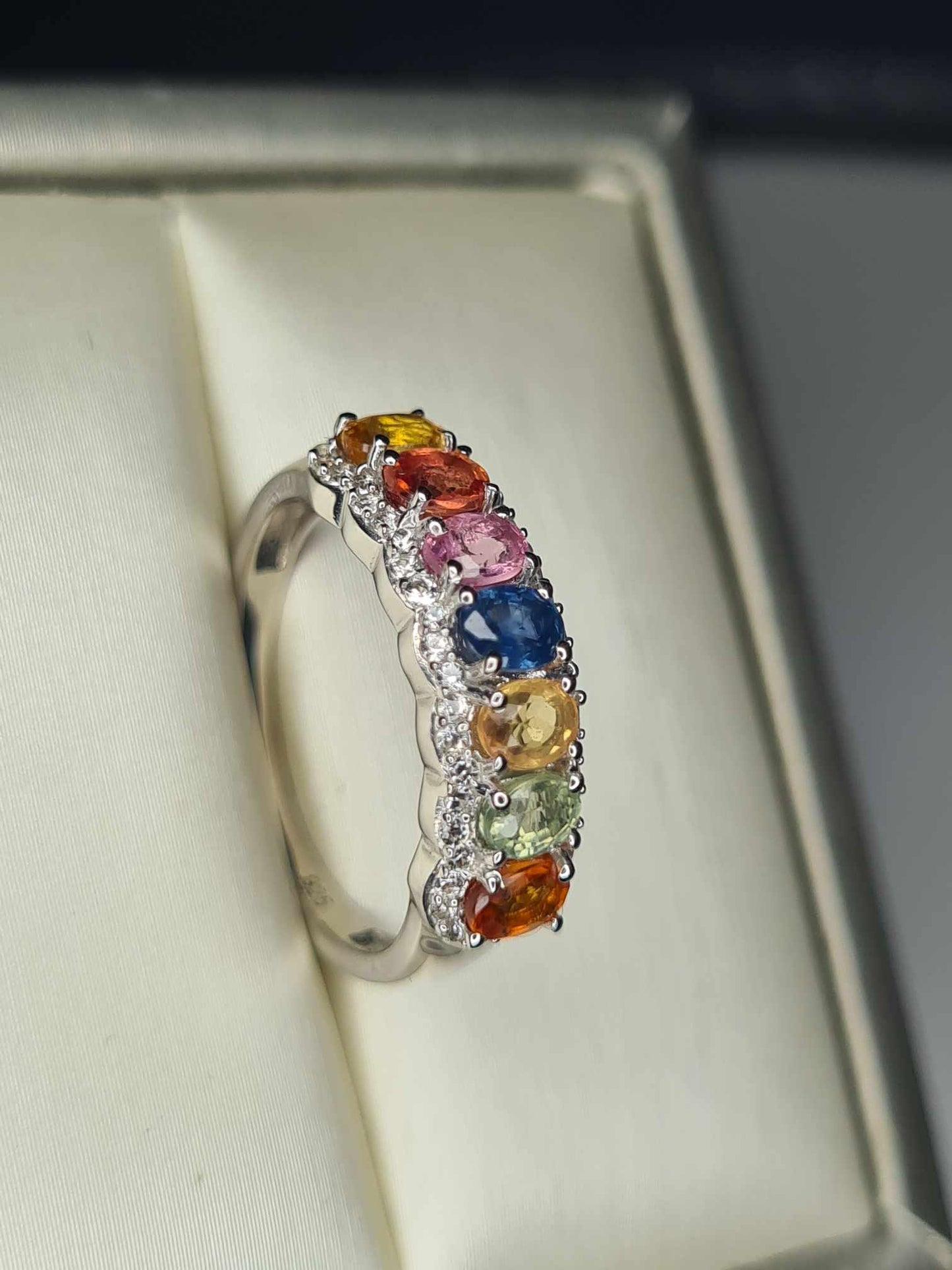 2.15ct Rainbow Sapphire and Natural Zircon Half Eternity Ring in Platinum Overlay 925 Sterling Silver SIZE N
