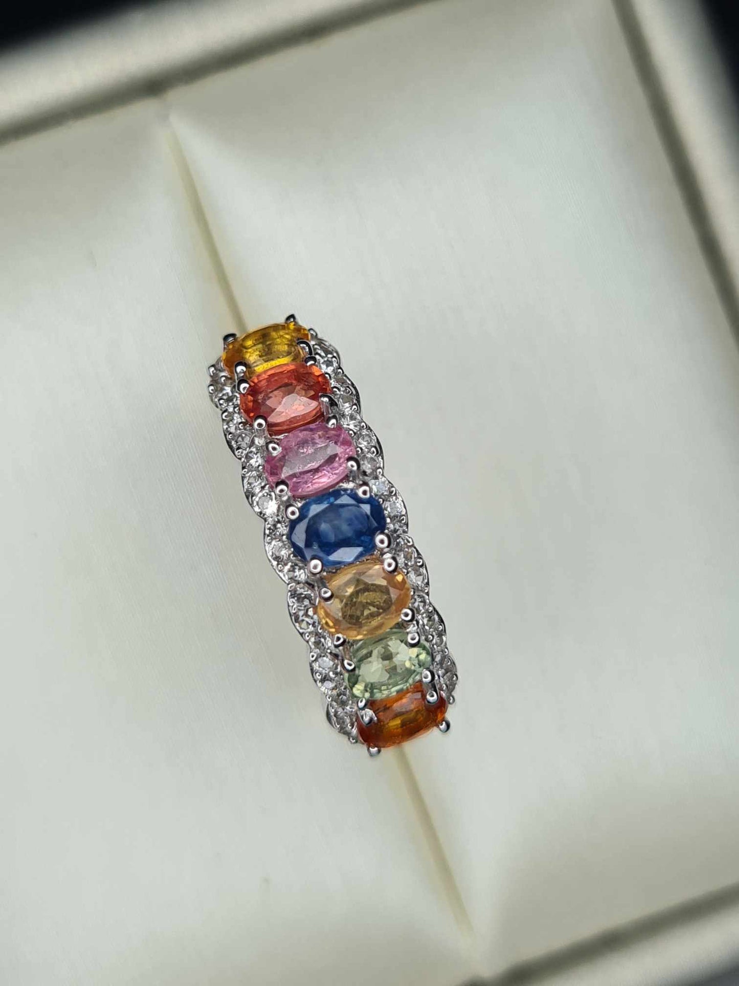 2.15ct Rainbow Sapphire and Natural Zircon Half Eternity Ring in Platinum Overlay 925 Sterling Silver SIZE N