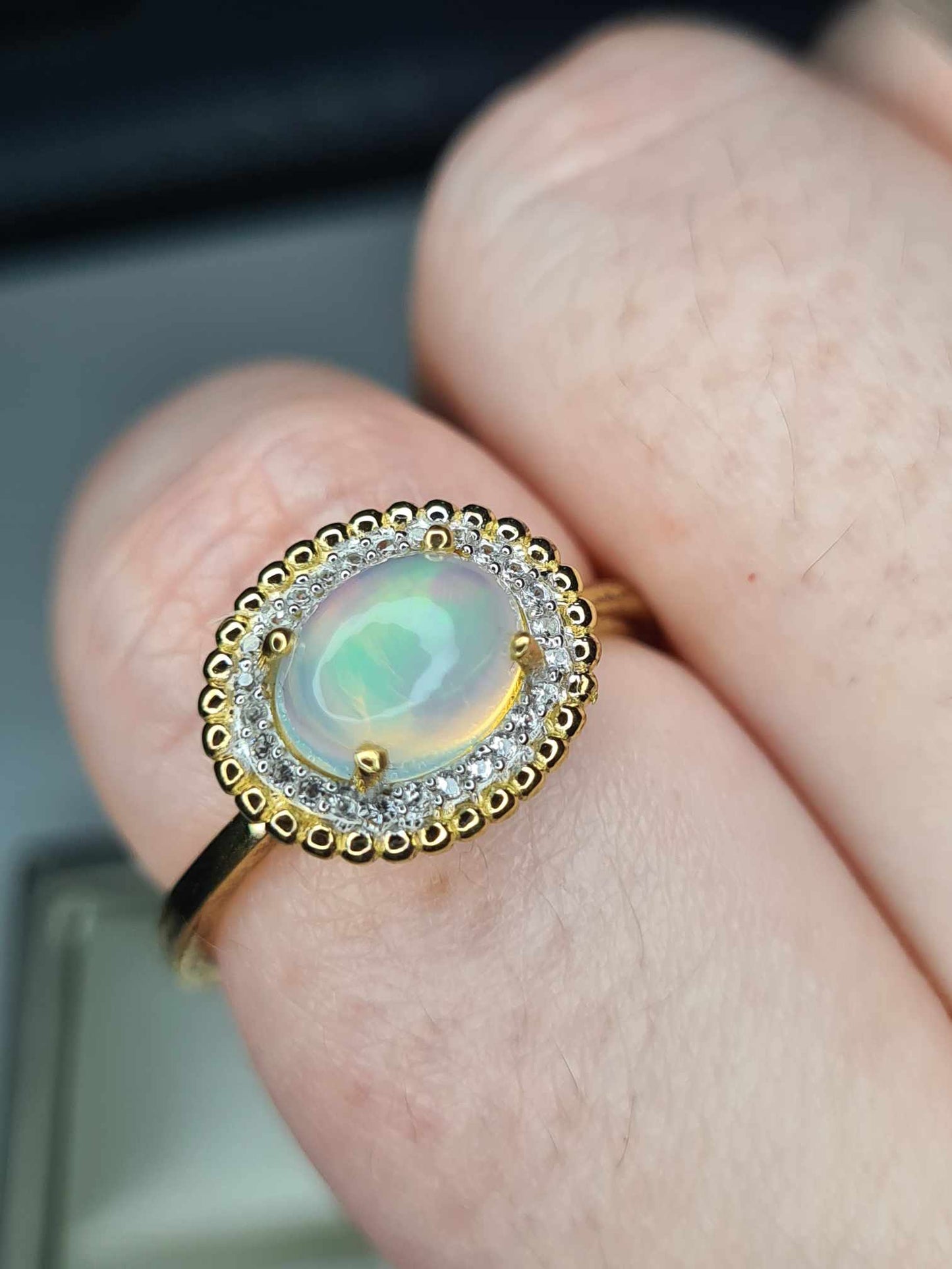 1.27ct Ethiopian Welo Opal & Natural Zircon Ring in 18K Gold Overlay 925 Sterling Silver SIZES L,T