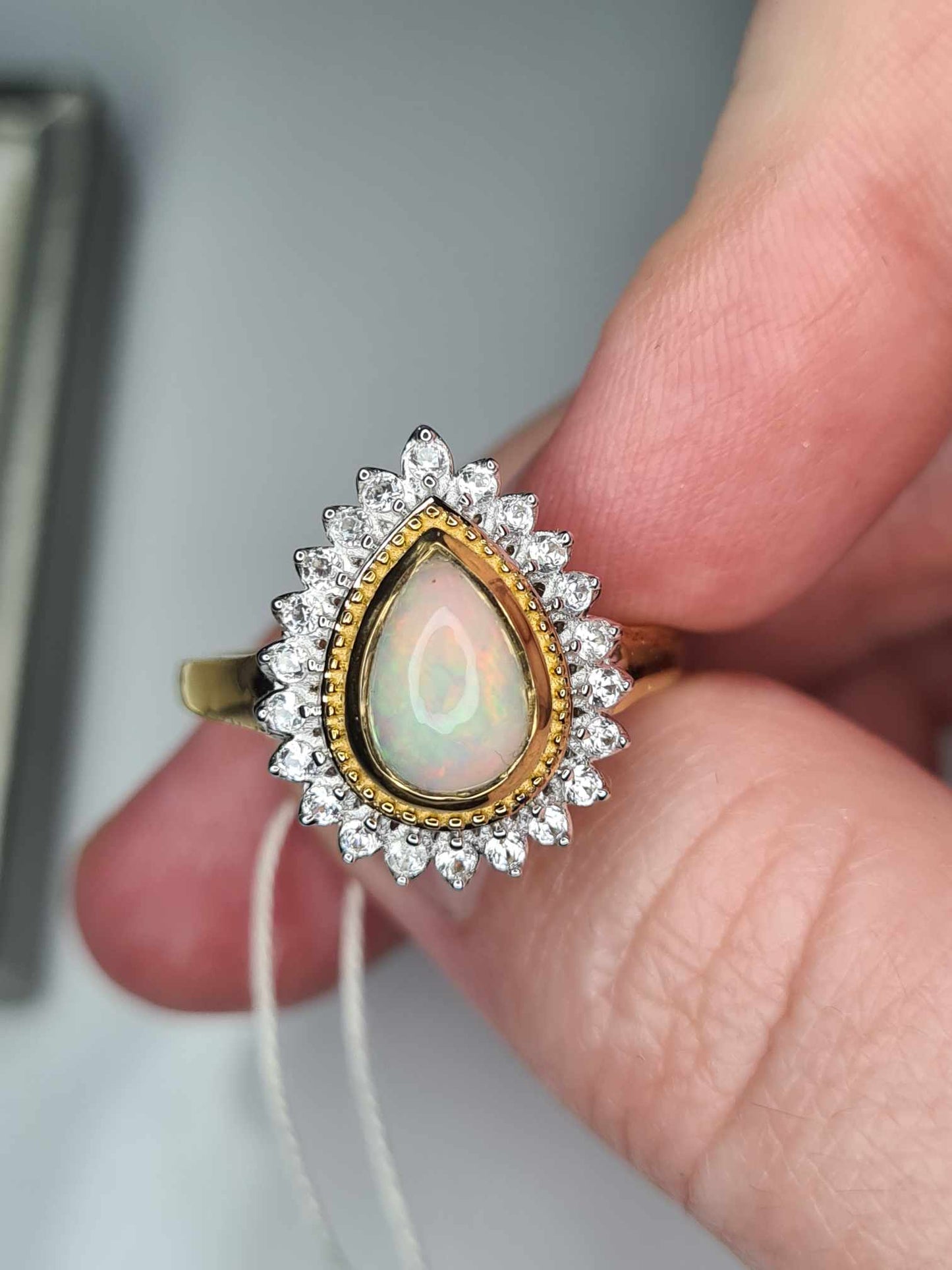 1.92ct Ethiopian Welo Opal and Natural Zircon Ring in 18K Yellow Gold Overlay 925 Sterling Silver SIZE P