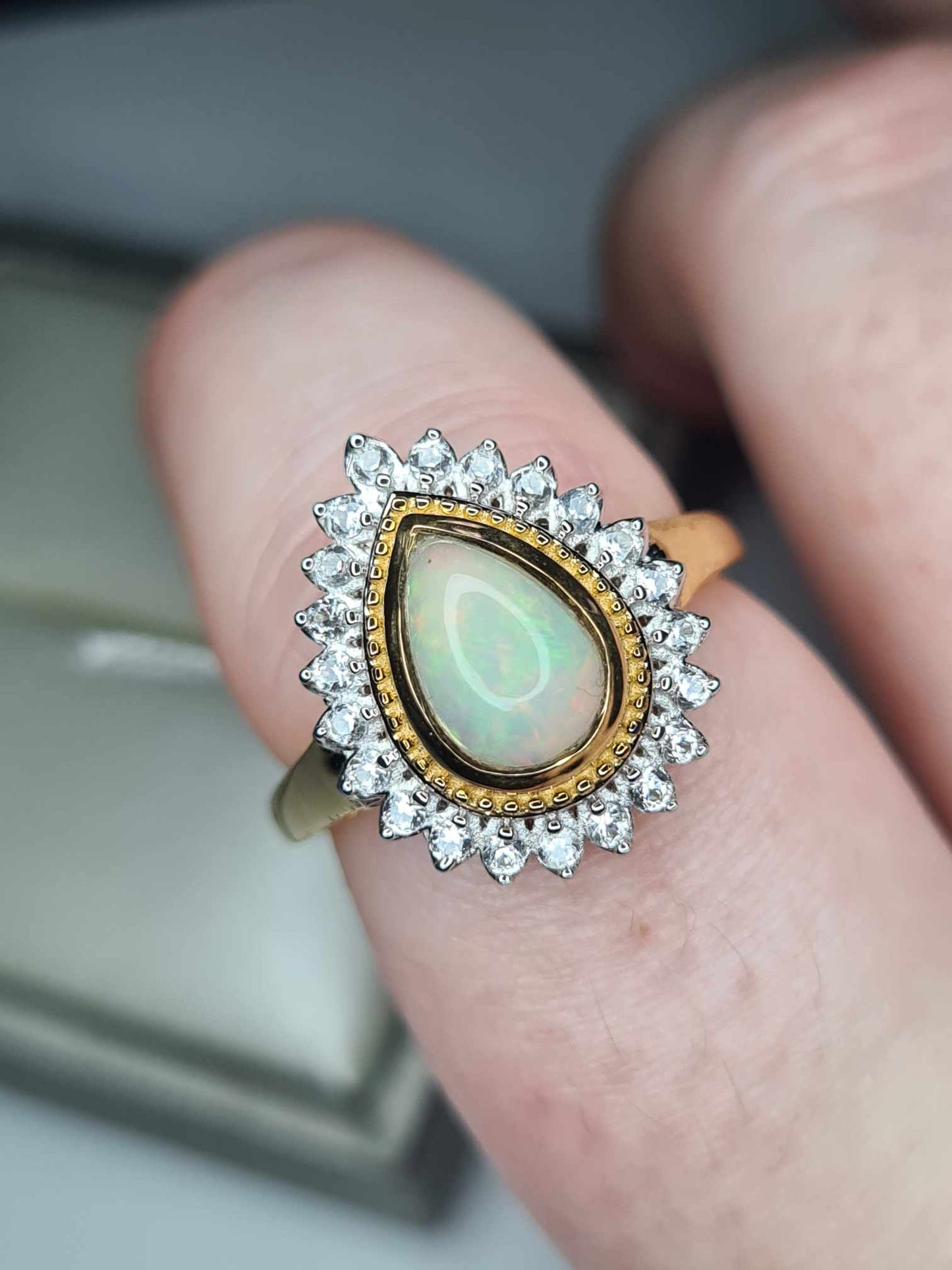 1.92ct Ethiopian Welo Opal and Natural Zircon Ring in 18K Yellow Gold Overlay 925 Sterling Silver SIZE P