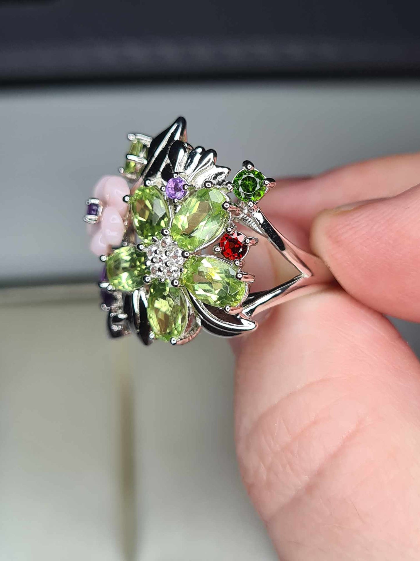 4.55ct Multi Gemstone Floral Bird Ring in Rhodium Overlay 925 Sterling Silver SIZE N