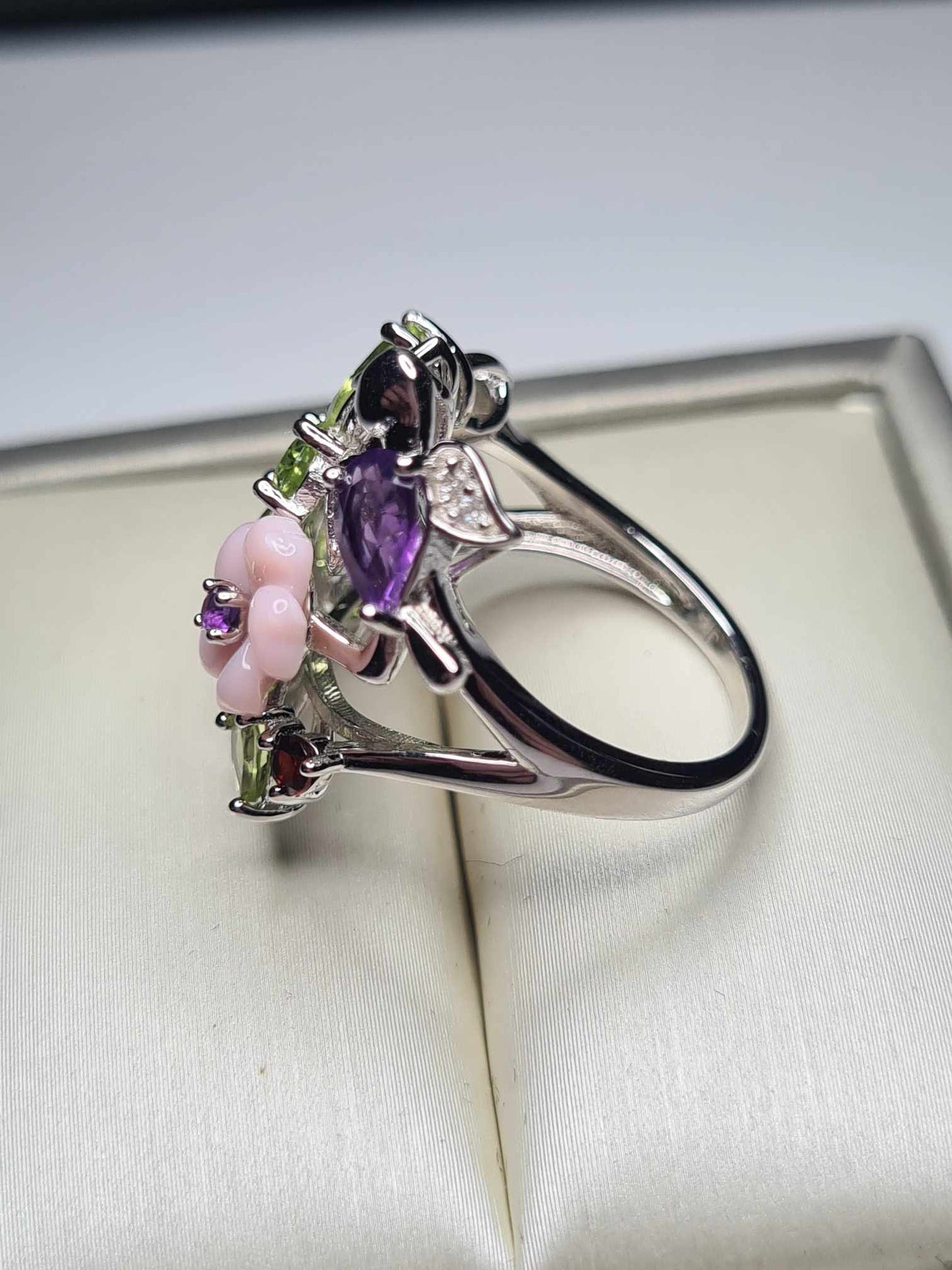 4.55ct Multi Gemstone Floral Bird Ring in Rhodium Overlay 925 Sterling Silver SIZE N
