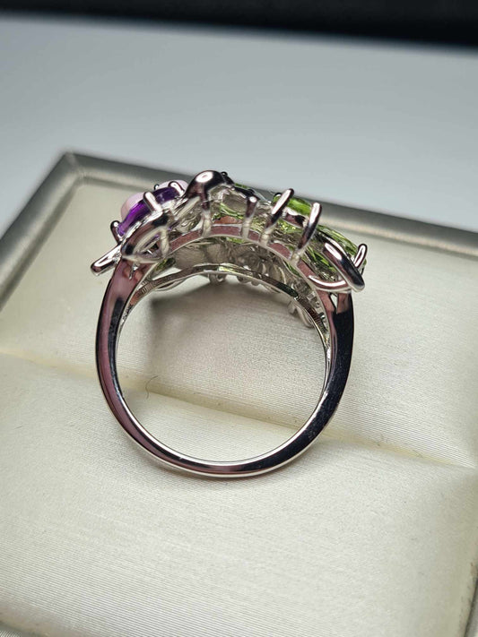 4.55ct Multi Gemstone Floral Bird Ring in Rhodium Overlay 925 Sterling Silver SIZE N