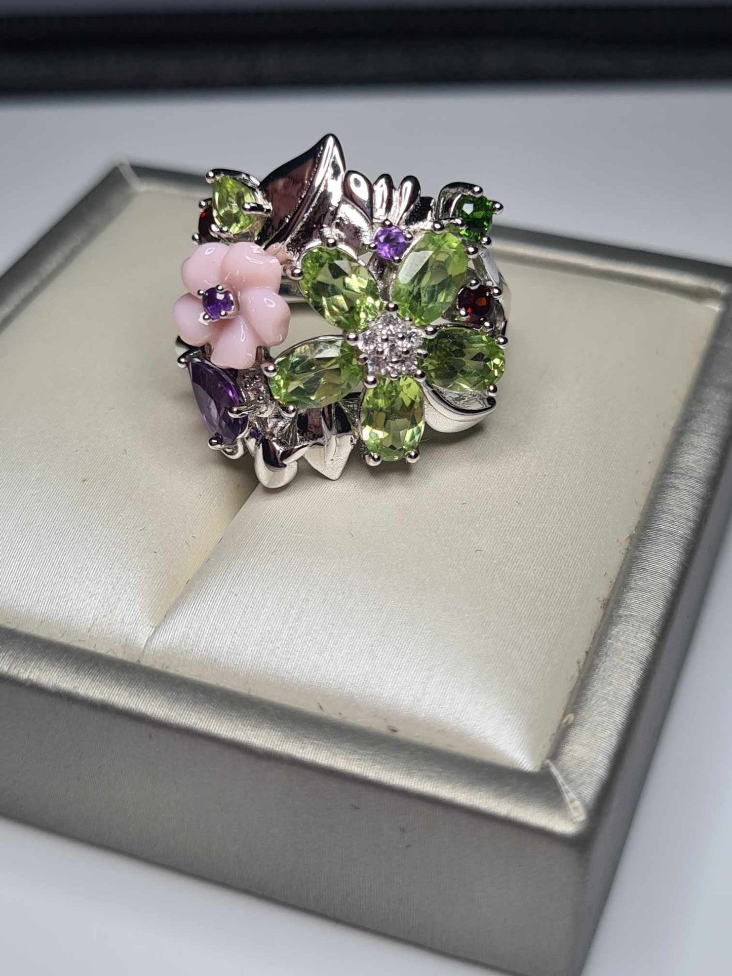 4.55ct Multi Gemstone Floral Bird Ring in Rhodium Overlay 925 Sterling Silver SIZE N